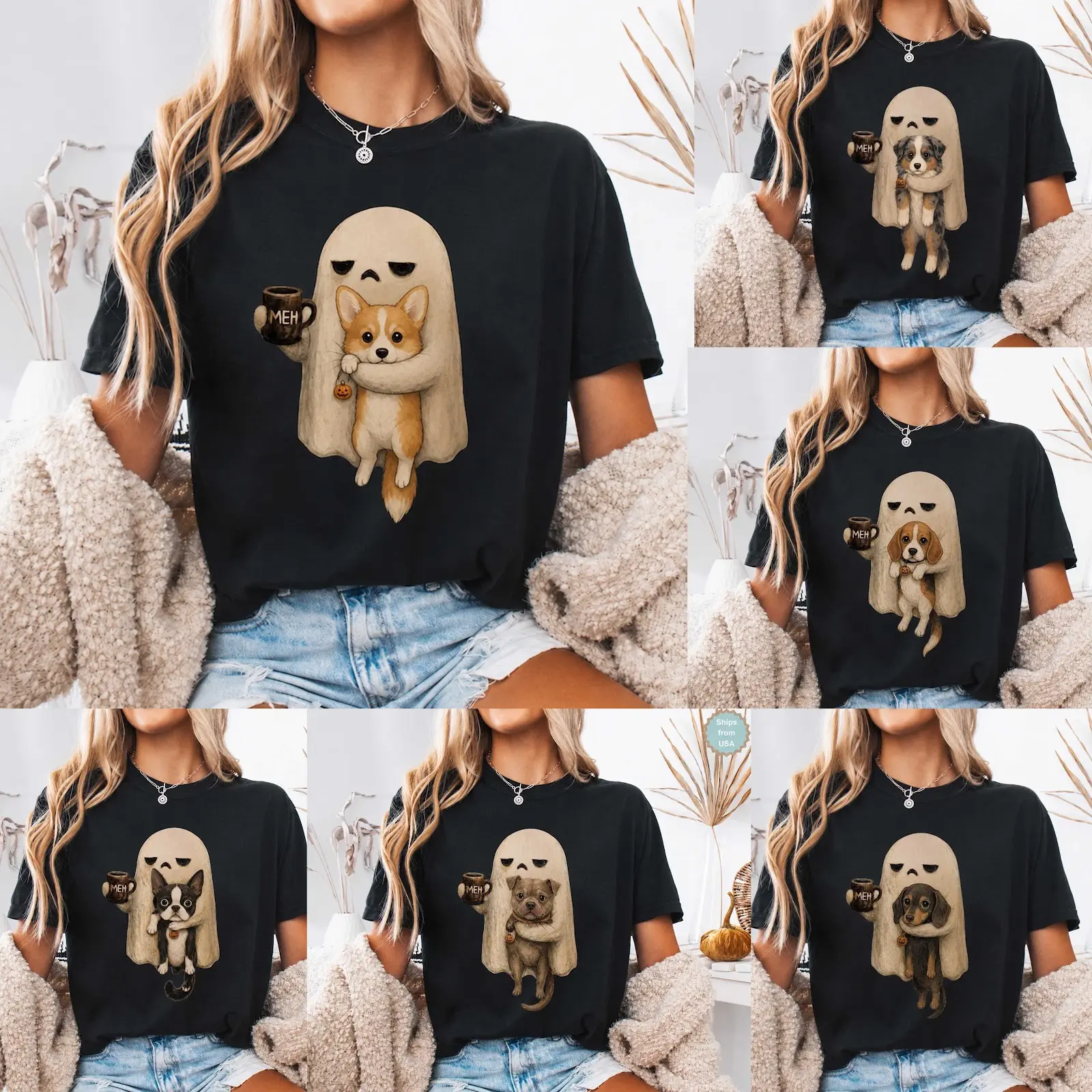 Comfort Colors Meh Ghost Halloween Shirt, Spooky Dog Breeds Funny Coffee Lover Graphic Tee for Women