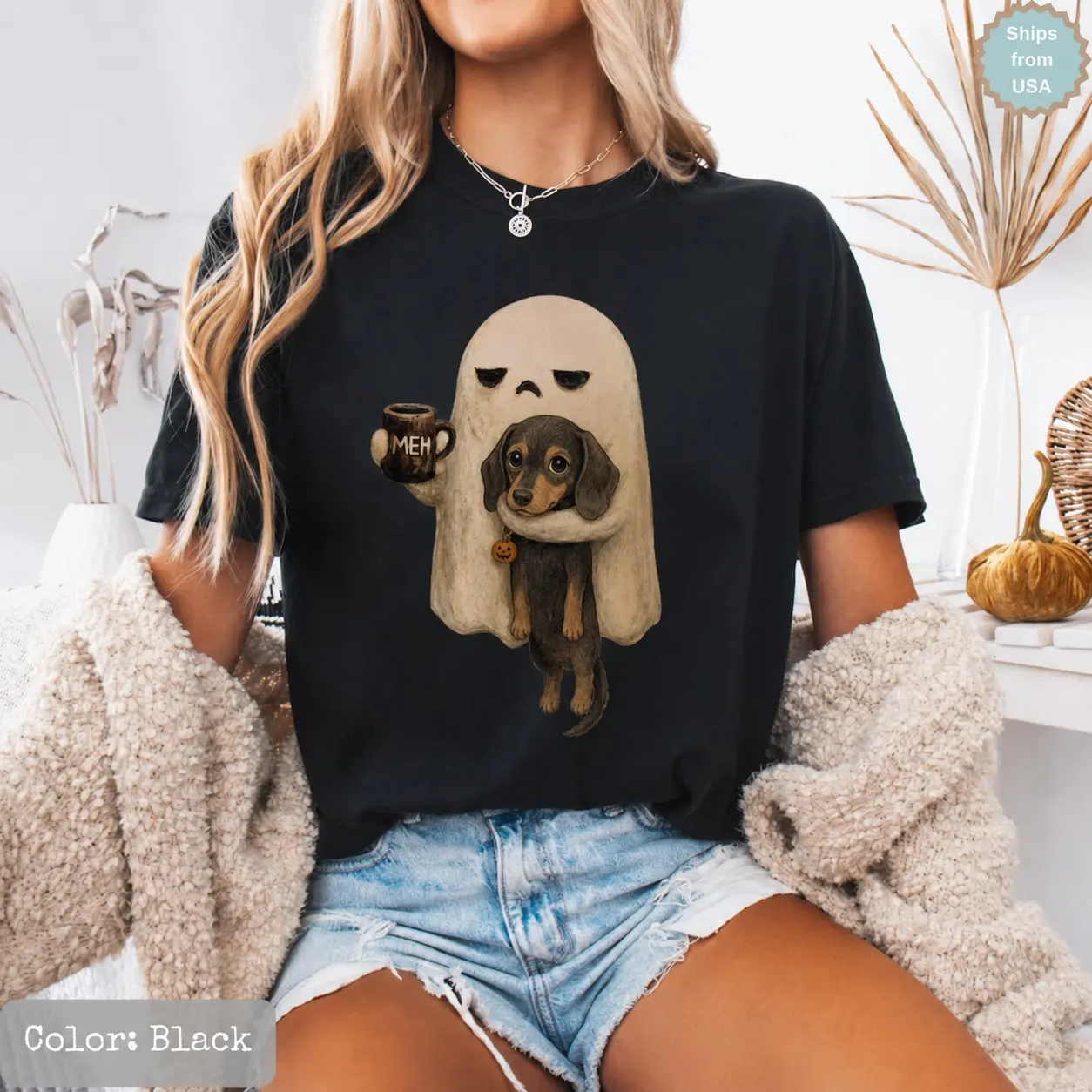 Comfort Colors Meh Ghost Halloween Shirt, Spooky Dog Breeds Funny Coffee Lover Graphic Tee for Women - photo 2