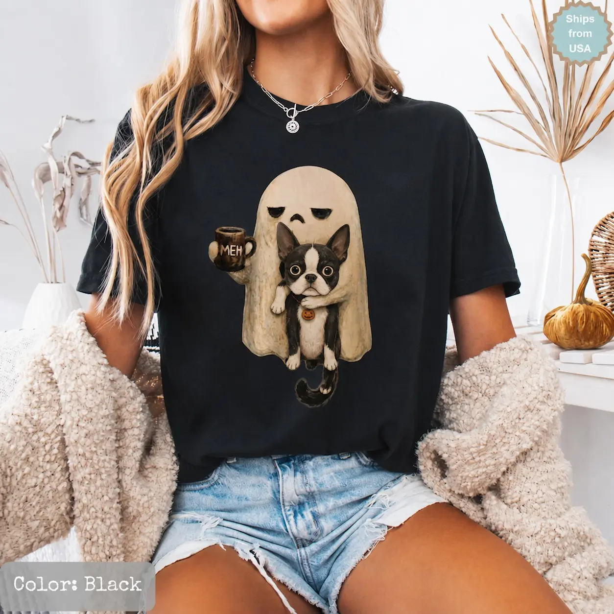 Comfort Colors Meh Ghost Halloween Shirt, Spooky Dog Breeds Funny Coffee Lover Graphic Tee for Women - photo 3