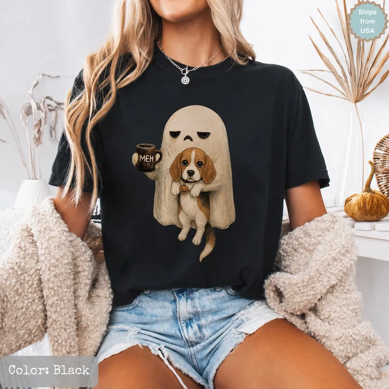 Comfort Colors Meh Ghost Halloween Shirt, Spooky Dog Breeds Funny Coffee Lover Graphic Tee for Women - photo 4