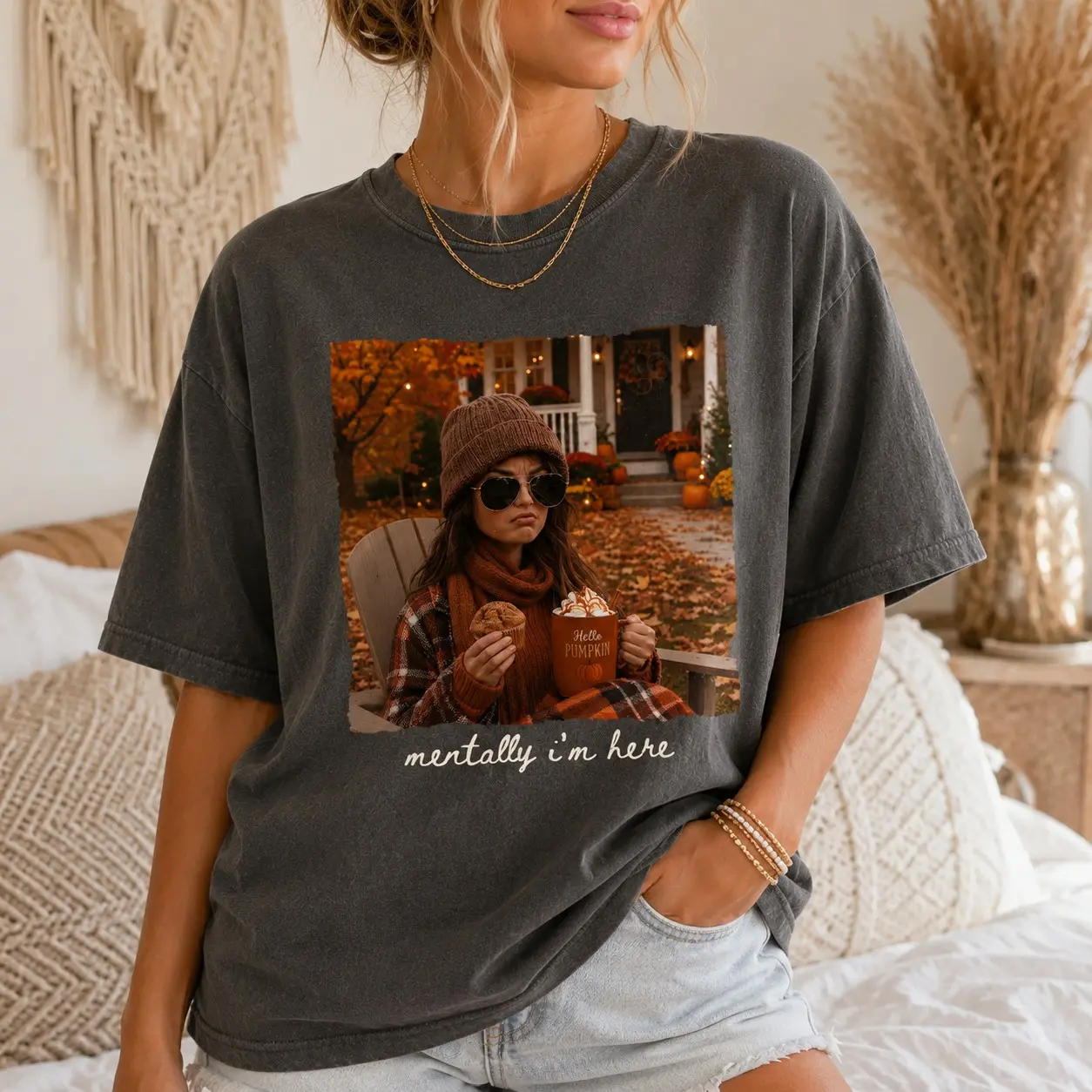Comfort Colors Mentally I'm Here Pumpkin Coffee Shirt, Autumn Season Short Sleeve Graphic Tee for Teens