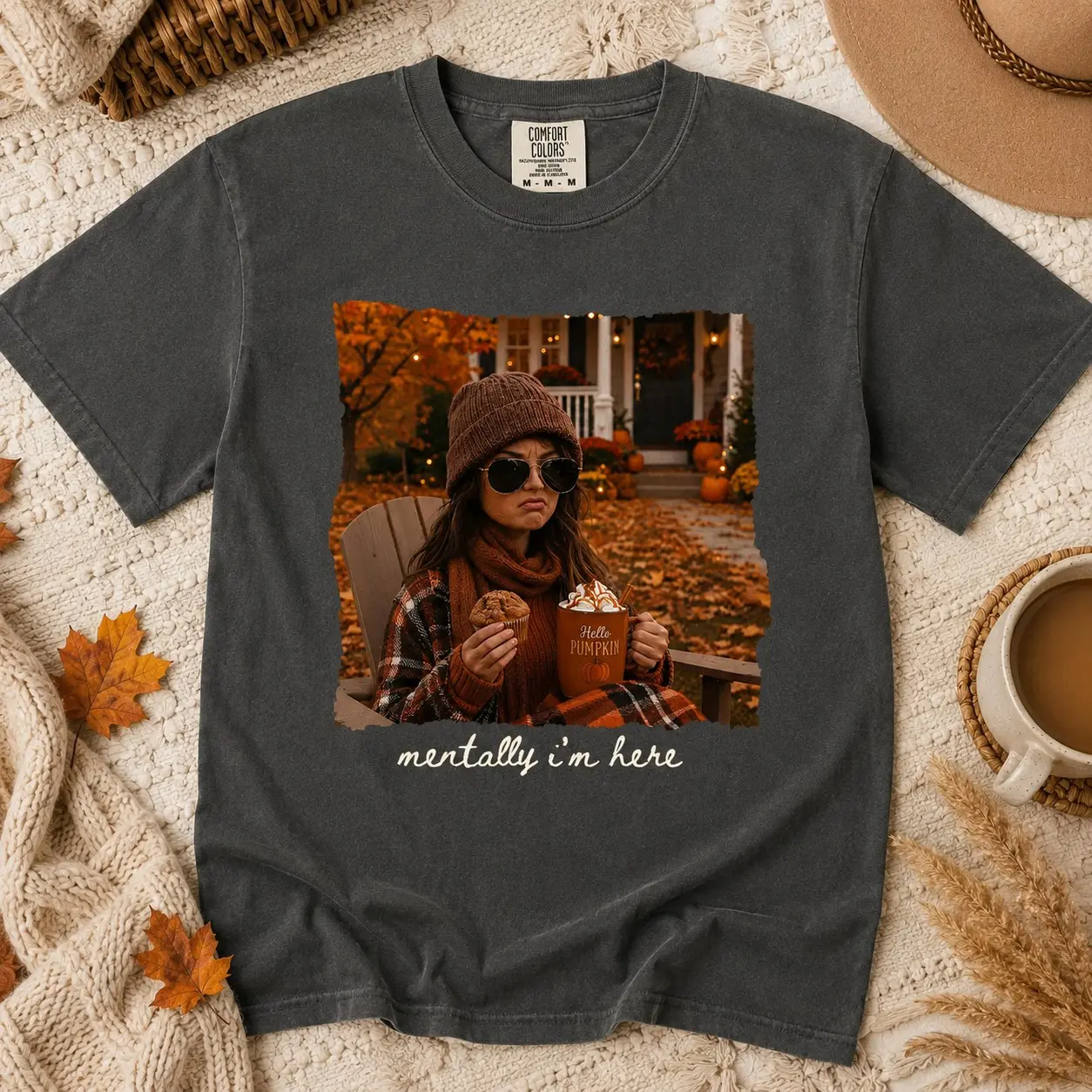 Comfort Colors Mentally I'm Here Pumpkin Coffee Shirt, Autumn Season Short Sleeve Graphic Tee for Teens - photo 2