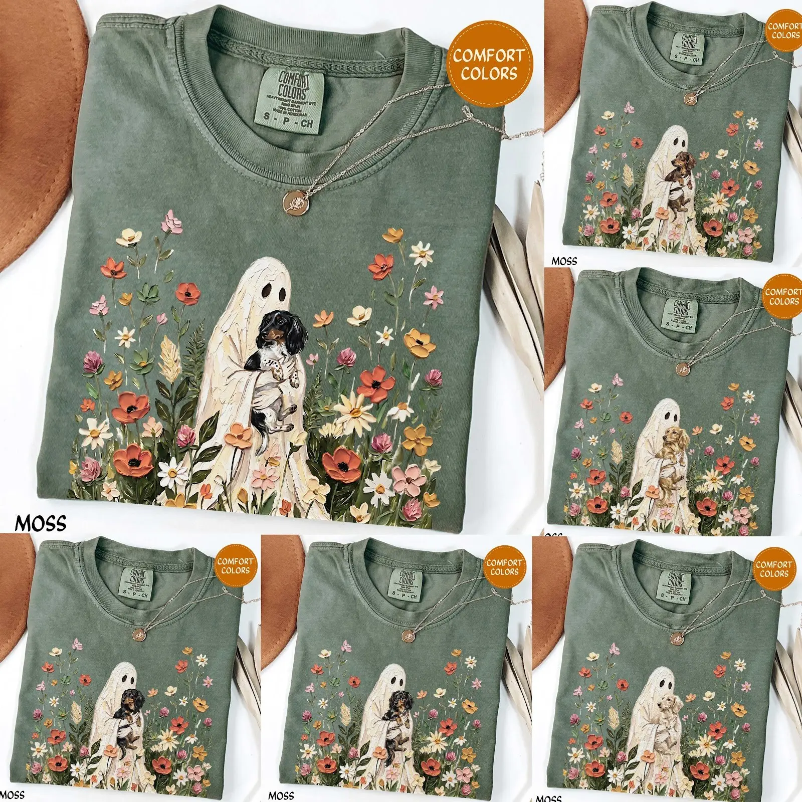 Comfort Colors Moss Wildflower Ghost Dapple Dachshund Halloween Shirt, Long Haired Doxie Floral Cottagecore Tee