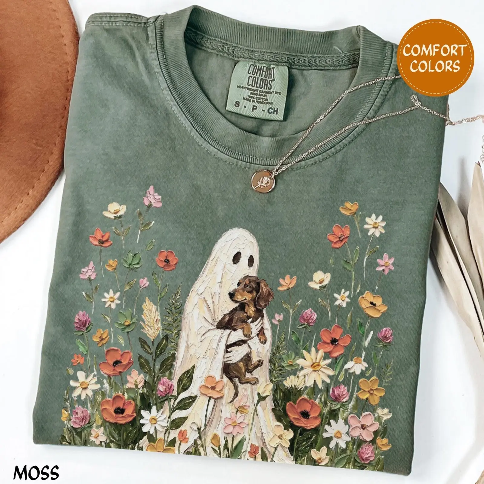 Comfort Colors Moss Wildflower Ghost Dapple Dachshund Halloween Shirt, Long Haired Doxie Floral Cottagecore Tee - photo 2