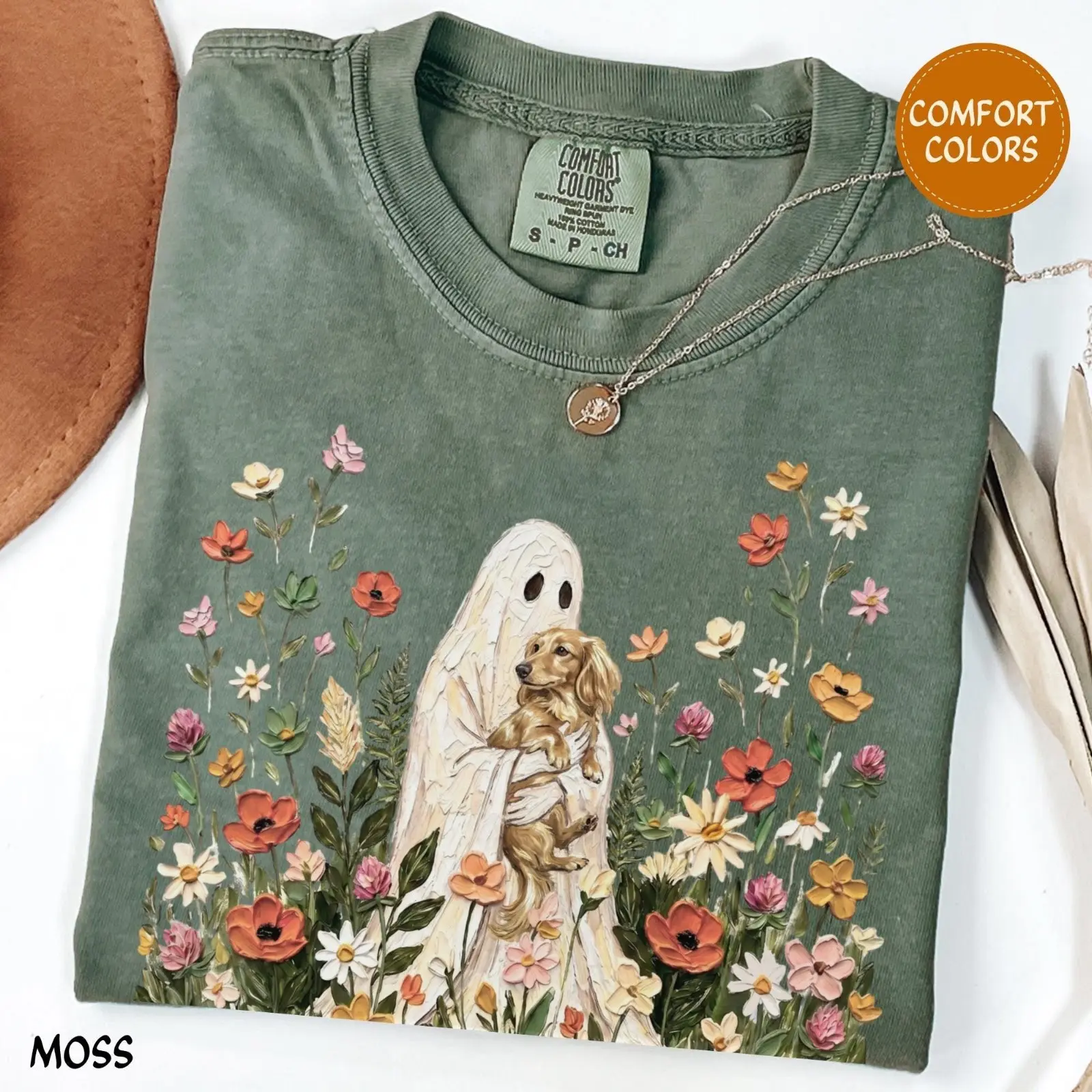 Comfort Colors Moss Wildflower Ghost Dapple Dachshund Halloween Shirt, Long Haired Doxie Floral Cottagecore Tee - photo 4