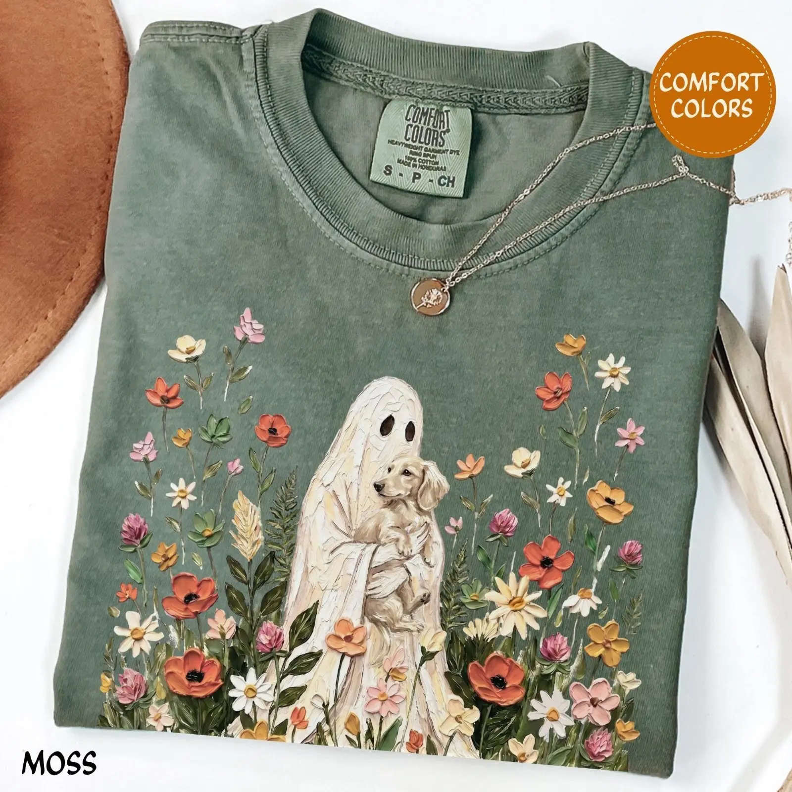 Comfort Colors Moss Wildflower Ghost Dapple Dachshund Halloween Shirt, Long Haired Doxie Floral Cottagecore Tee - photo 5
