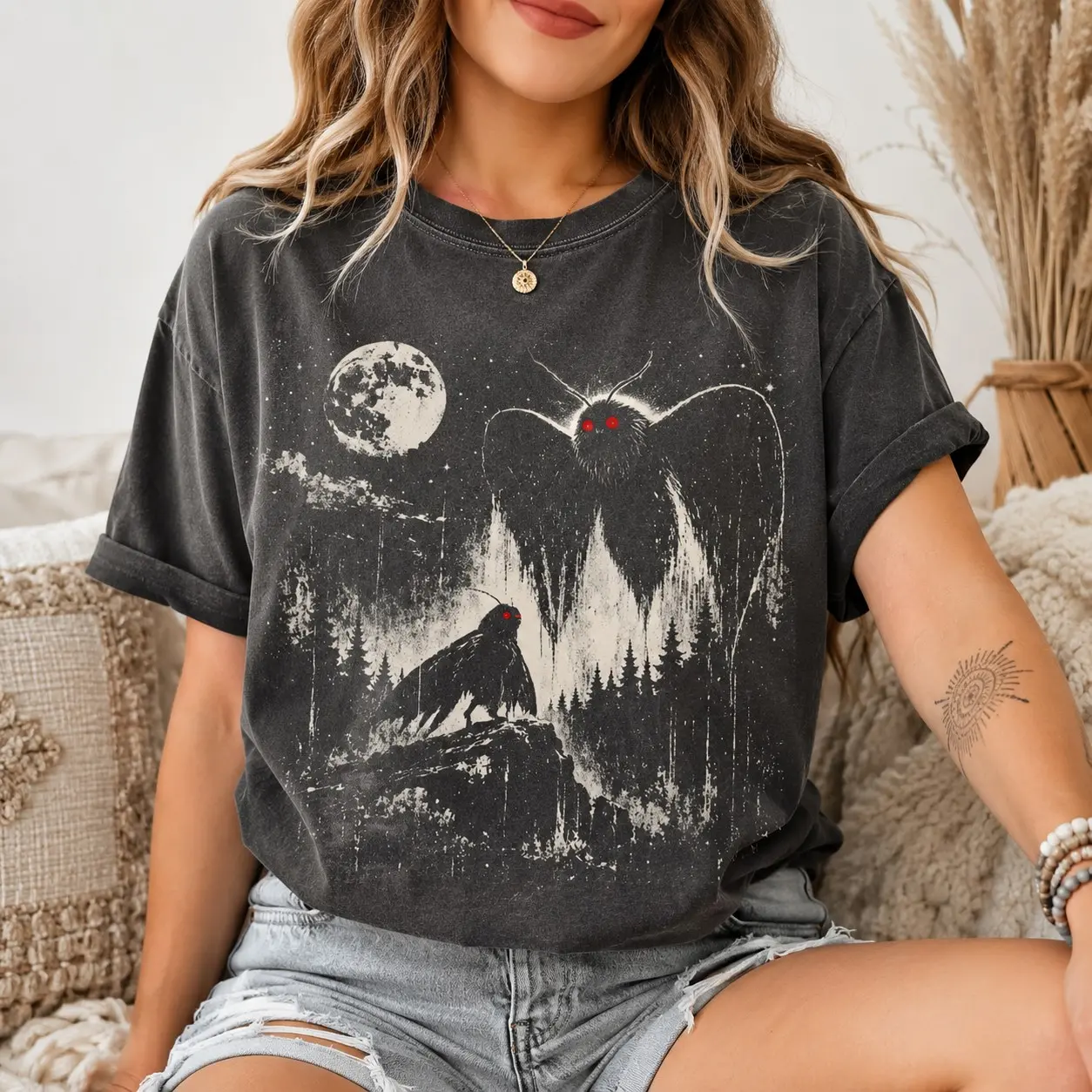 Comfort Colors Mothman Cryptid Moon Shirt for Women, Mysterious Paranormal Sci-Fi Graphic Tee, Spooky Season Camping Night Gift