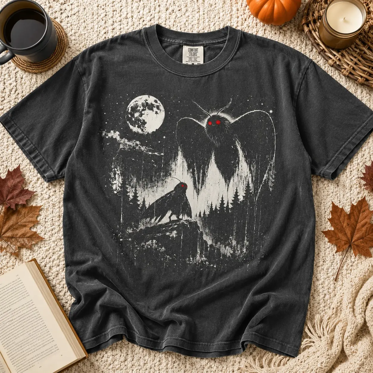 Comfort Colors Mothman Cryptid Moon Shirt for Women, Mysterious Paranormal Sci-Fi Graphic Tee, Spooky Season Camping Night Gift - photo 2