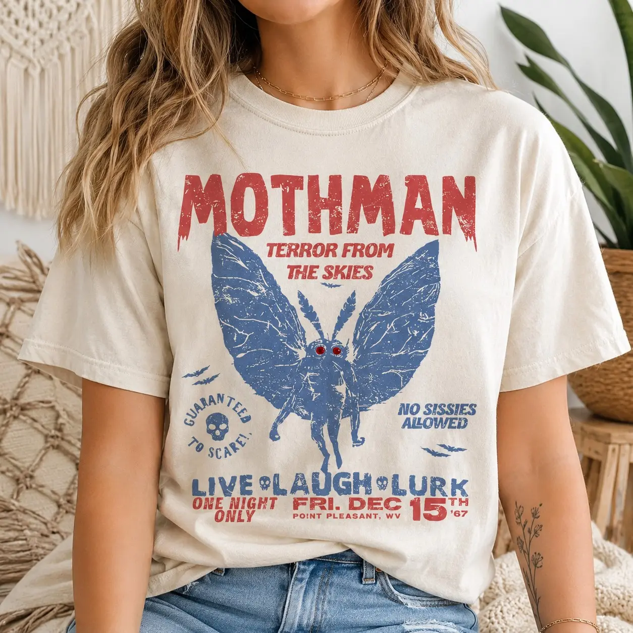 Comfort Colors Mothman Live Laugh Lurk Point Pleasant Teens Shirts for Women Halloween Party