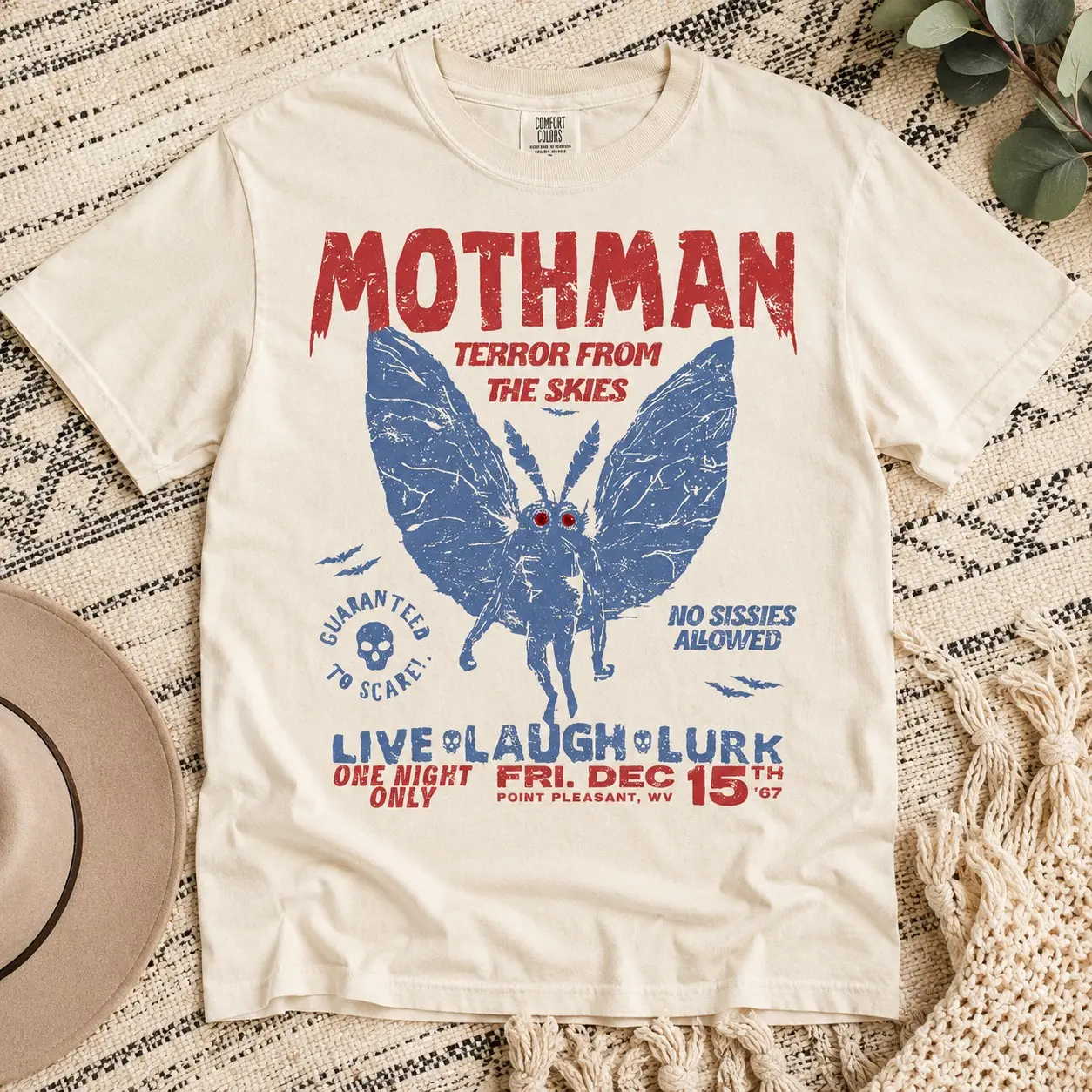 Comfort Colors Mothman Live Laugh Lurk Point Pleasant Teens Shirts for Women Halloween Party - photo 2