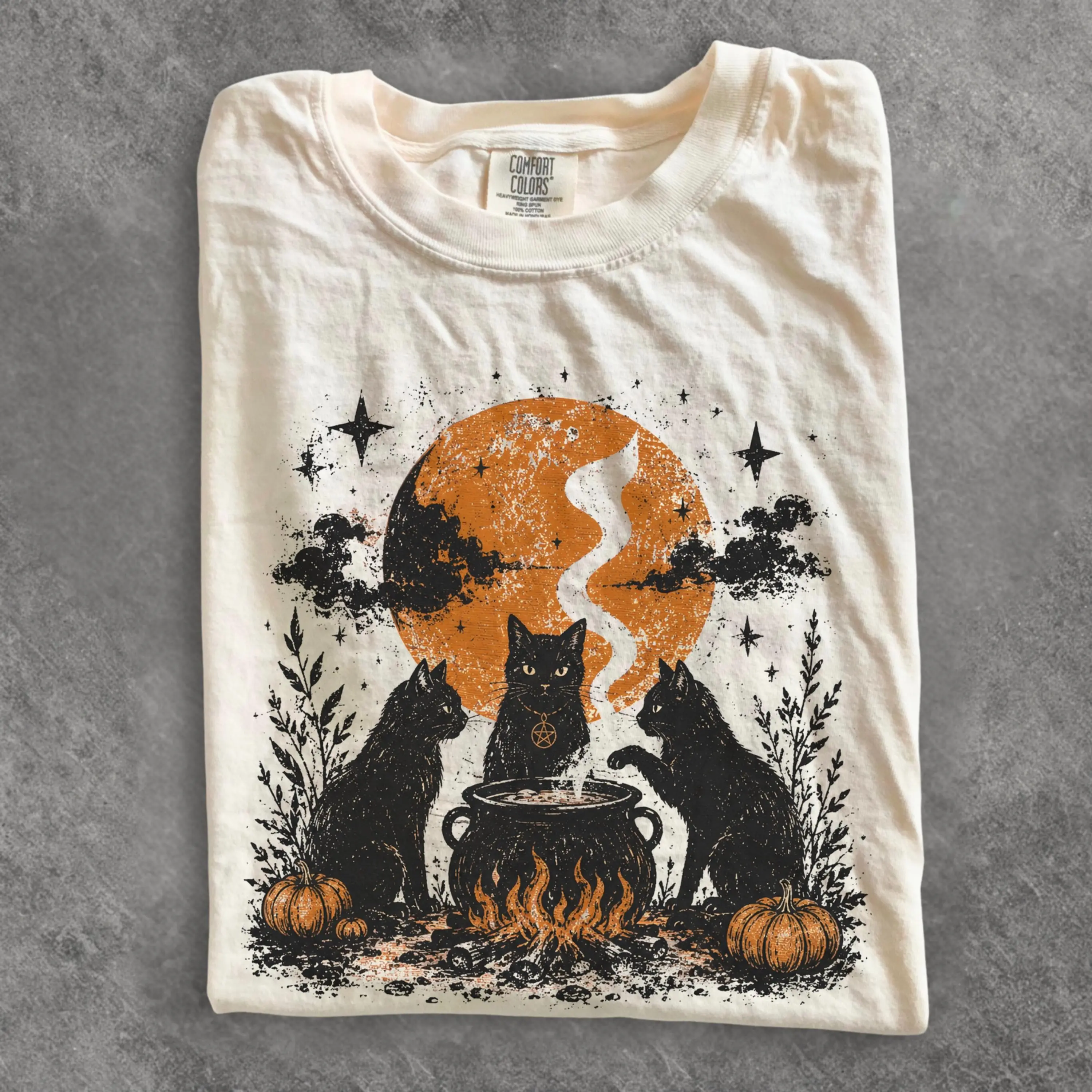 Comfort Colors Mystical Black Cat Tee, Halloween Witchy Moon Phase Shirt, Crystal Gothic Cottagecore Lover Gift