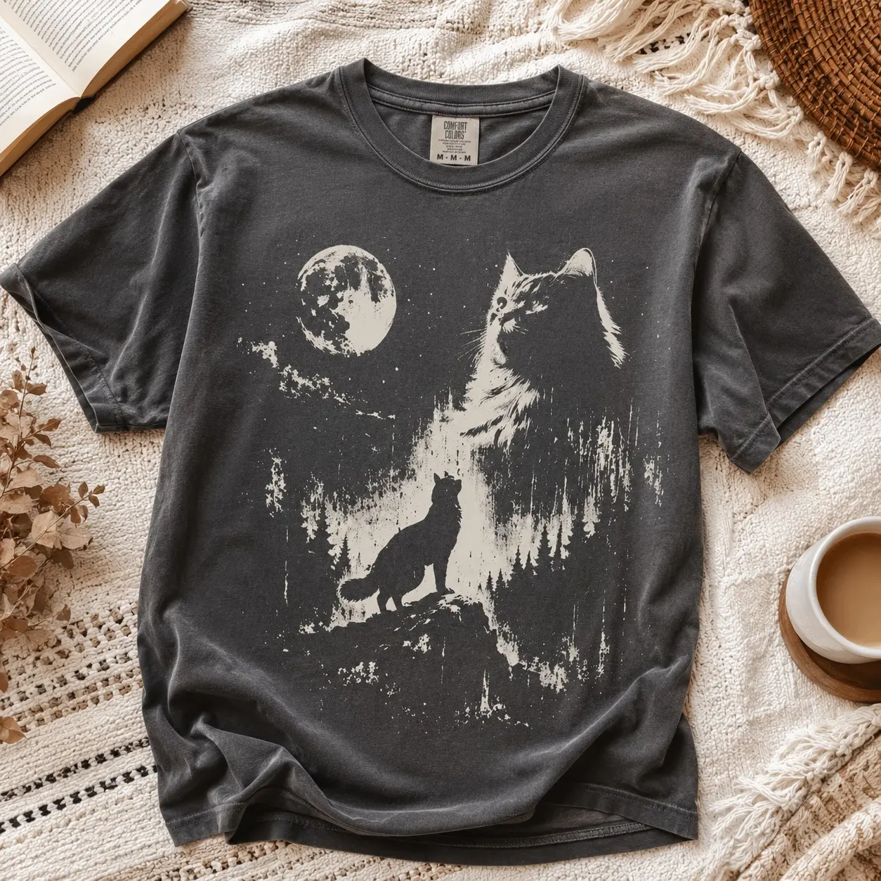 Comfort Colors Mystical Cat Moon Silhouette Shirt, Aesthetic Celestial Autumn Short Sleeve Tee, Halloween Celebration Daughter Gift - photo 2