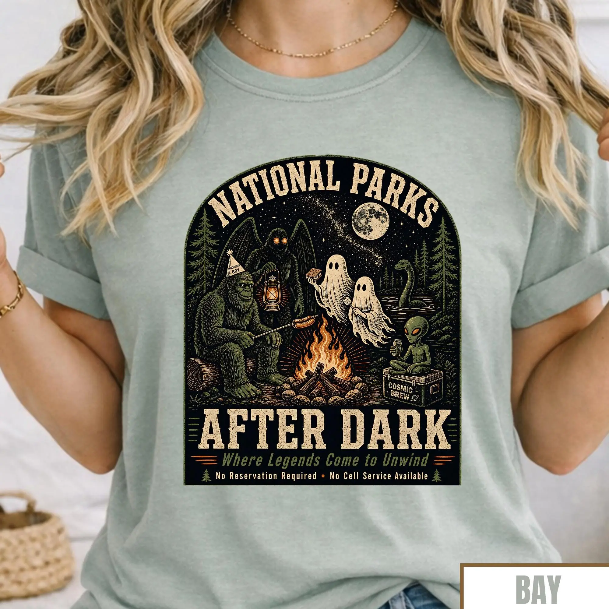 Comfort Colors National Parks After Dark Shirt, Bigfoot Mothman Ghost Alien Campfire Tee, Funny Cryptid Camping Gift - photo 3
