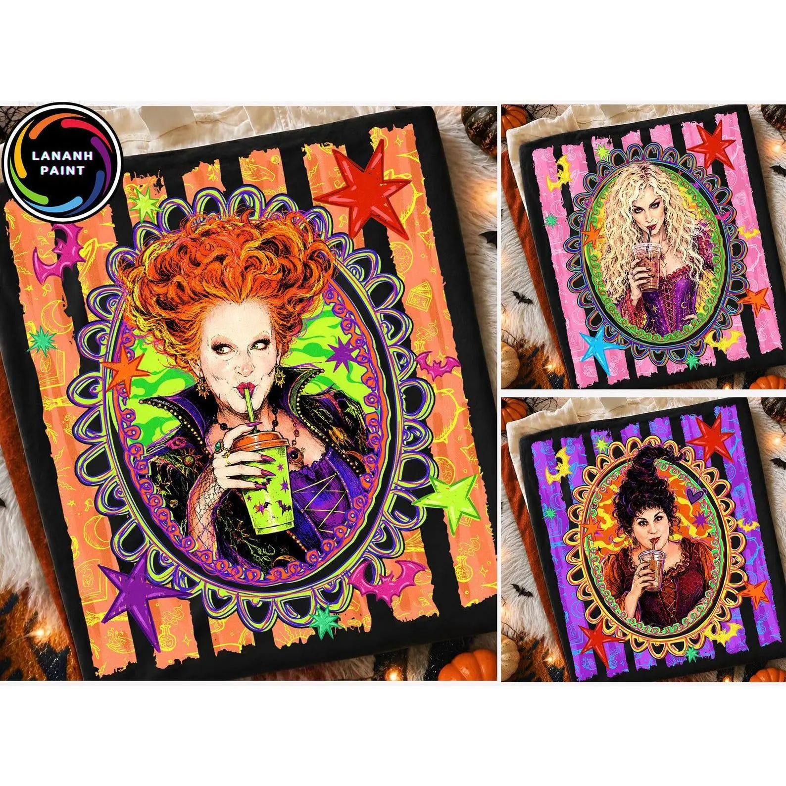 Comfort Colors Neon Iced Coffee Just Here For The Witches Shirt, Halloween Characters Spooky Season Graphic Tee
