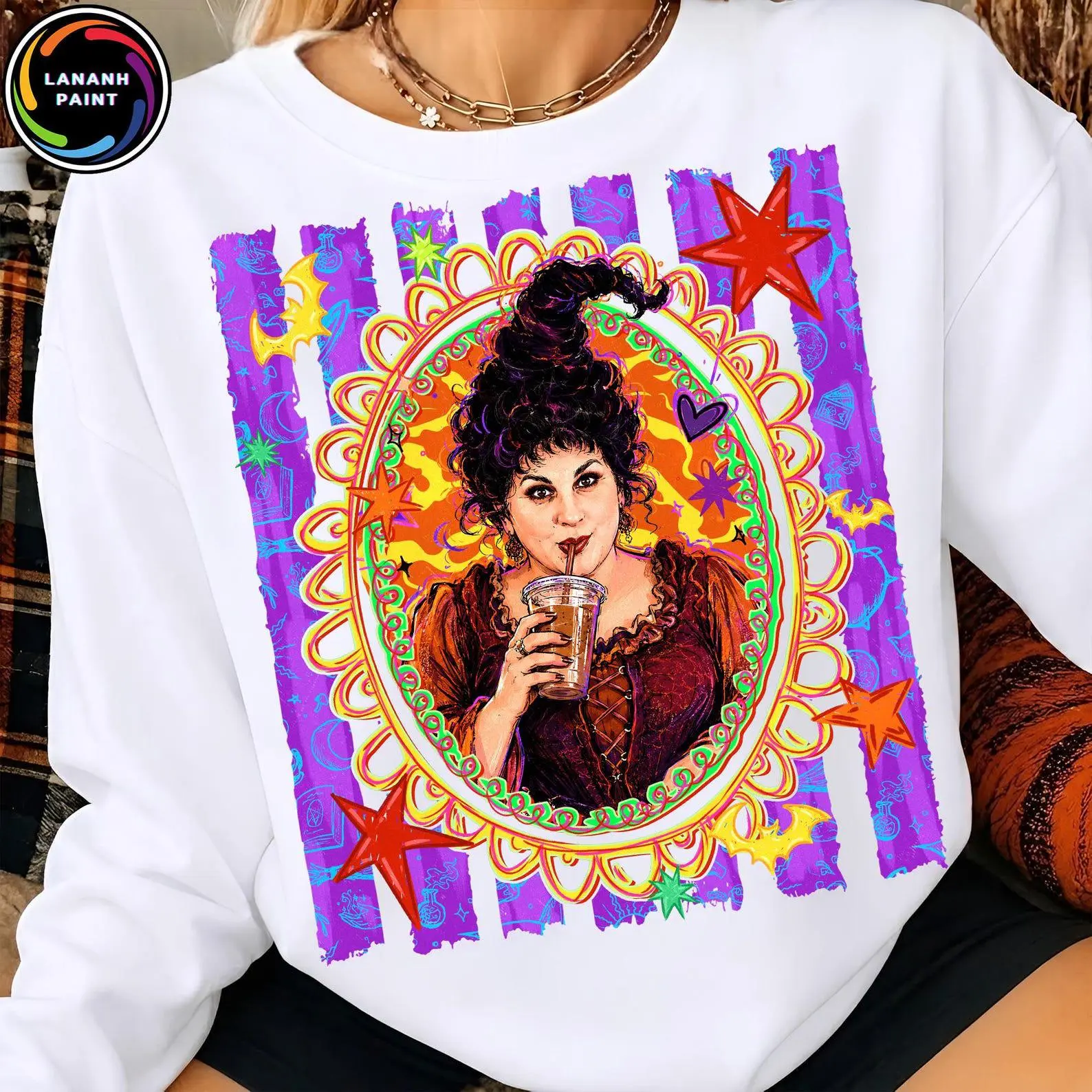 Comfort Colors Neon Iced Coffee Just Here For The Witches Shirt, Halloween Characters Spooky Season Graphic Tee - photo 2
