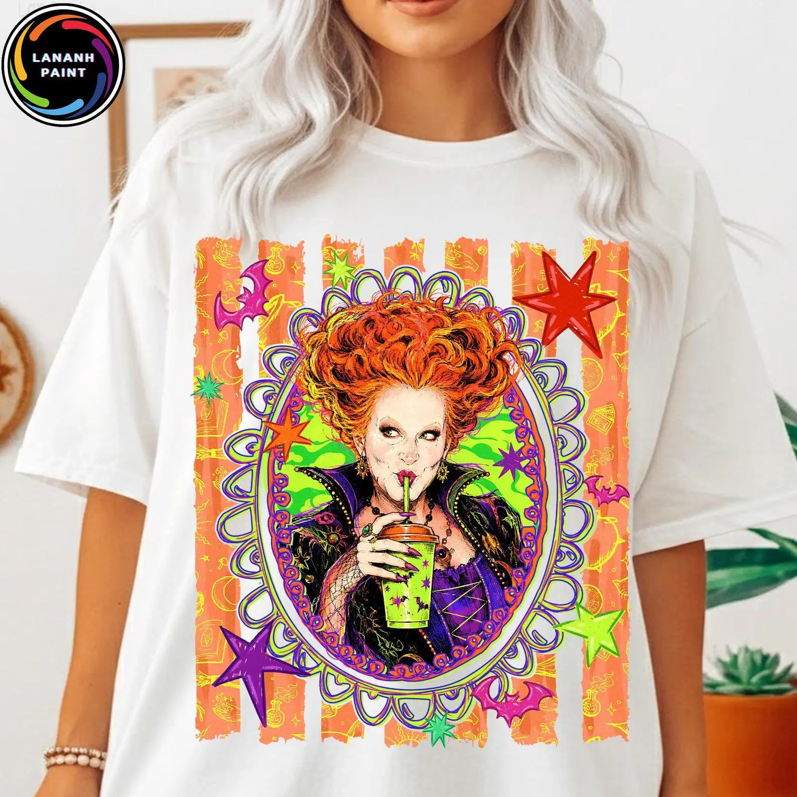 Comfort Colors Neon Iced Coffee Just Here For The Witches Shirt, Halloween Characters Spooky Season Graphic Tee - photo 3