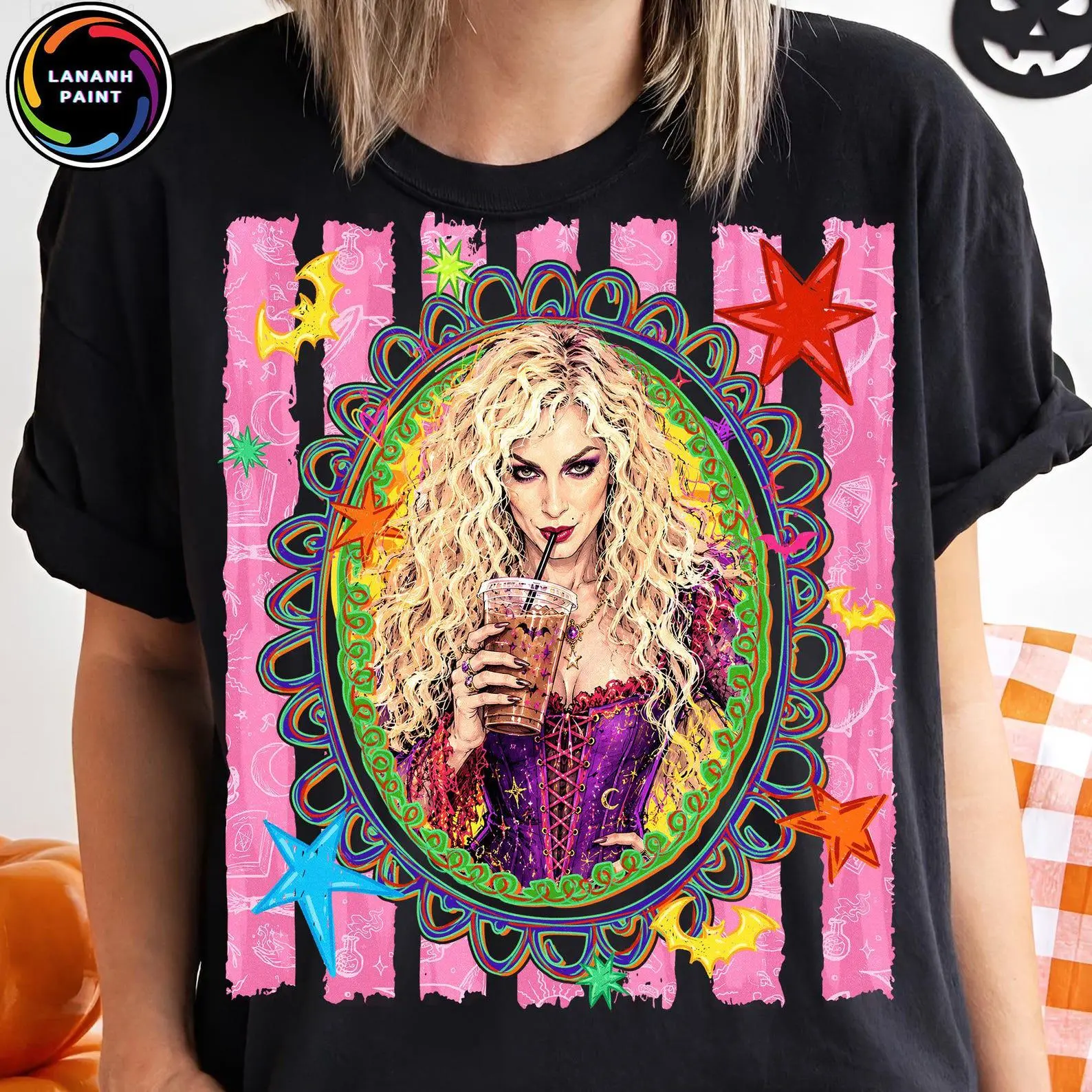 Comfort Colors Neon Iced Coffee Just Here For The Witches Shirt, Halloween Characters Spooky Season Graphic Tee - photo 4