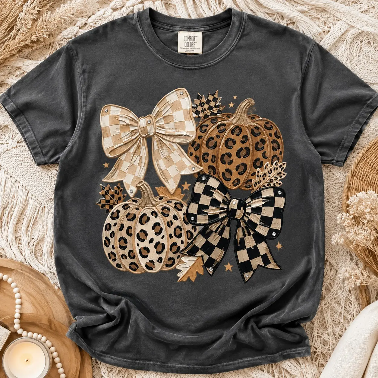Comfort Colors Neutral Leopard Pumpkin Plaid Bow Shirt, Charming Farmhouse Fall Thanksgiving Mom Gift - photo 2