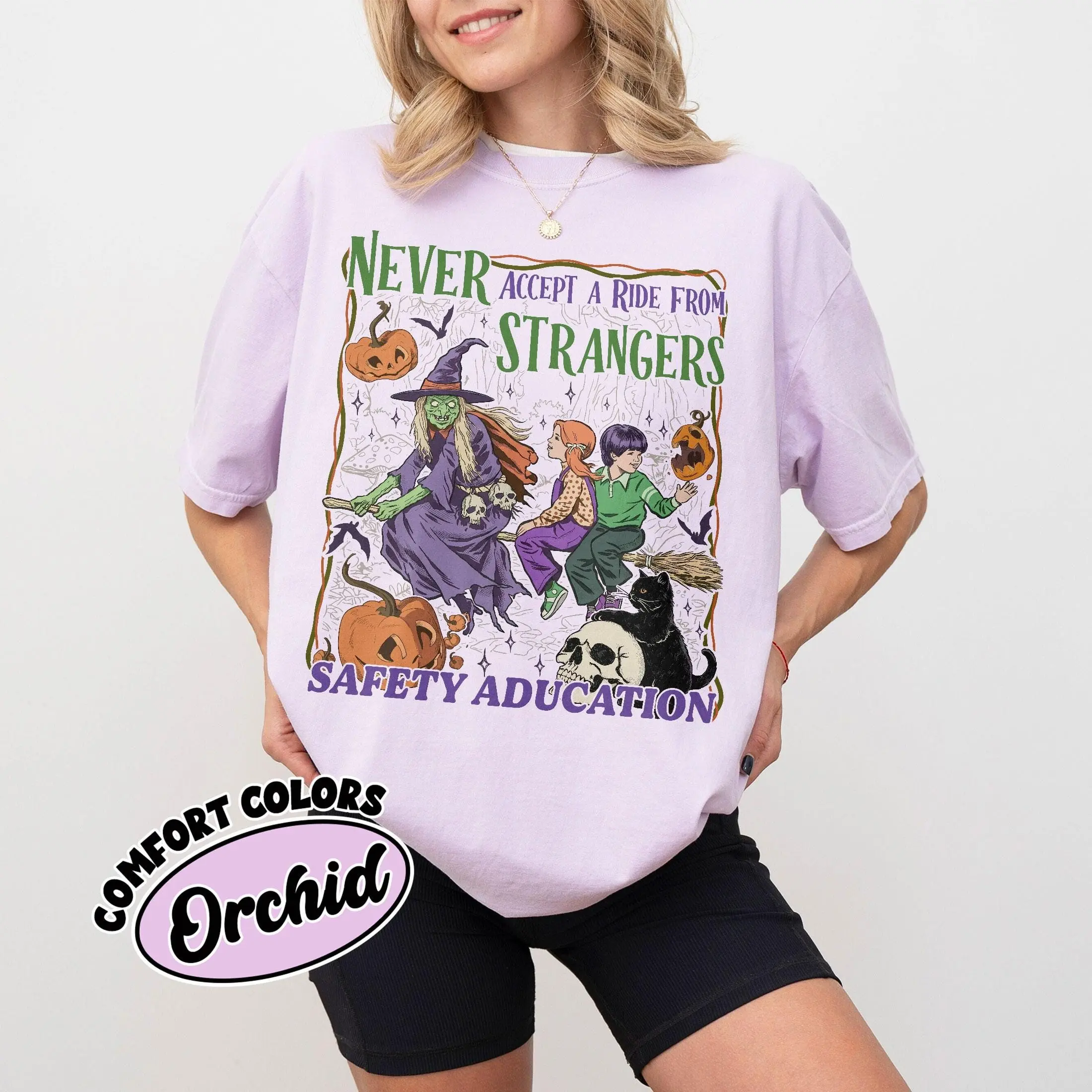 Comfort Colors Never Accept A Ride From Strangers Shirt, Funny Halloween Safety Tee, Spooky Vintage Library Gift - photo 3