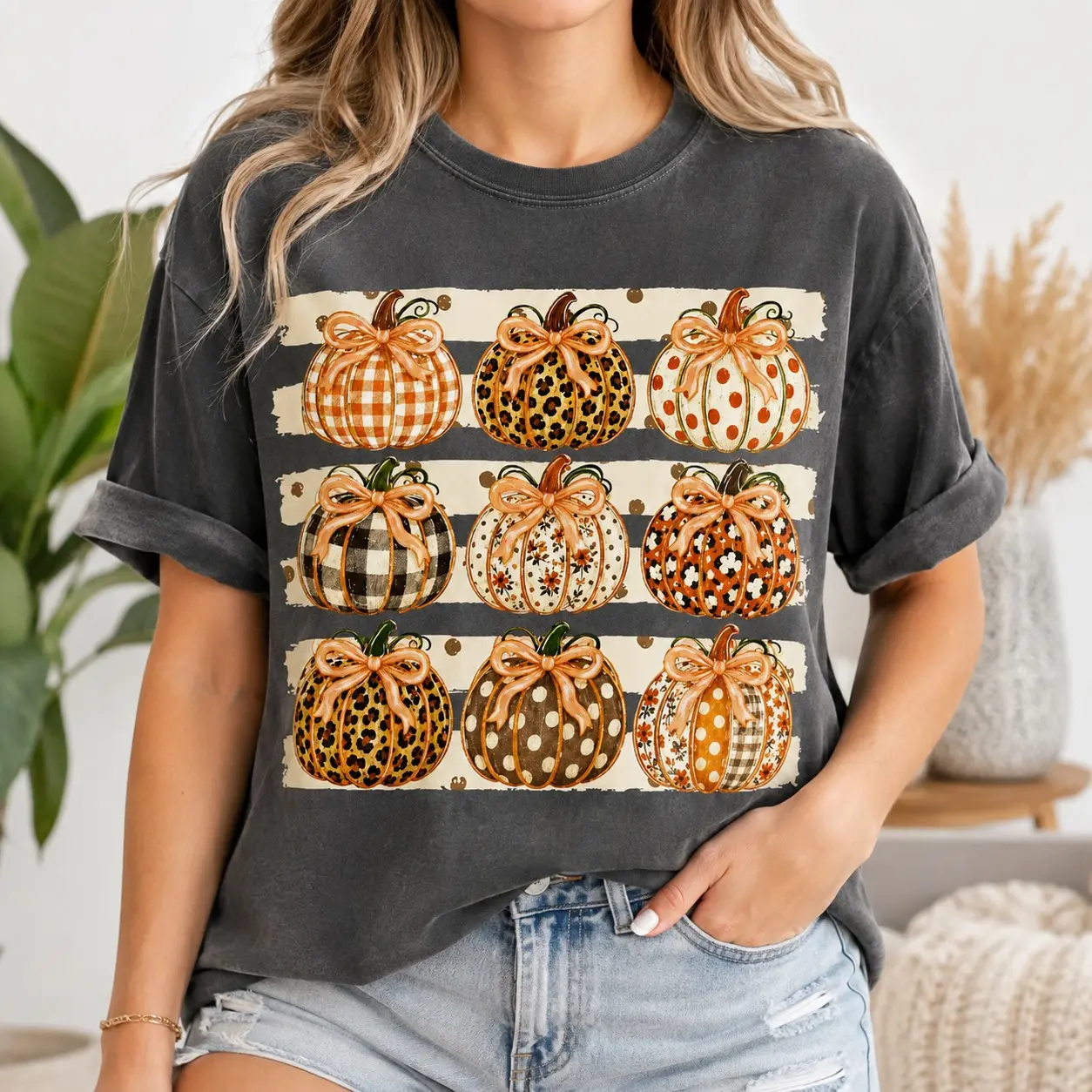 Comfort Colors Nine Leopard Plaid Bow Pumpkins Grid Women Short Sleeve Thanksgiving Day