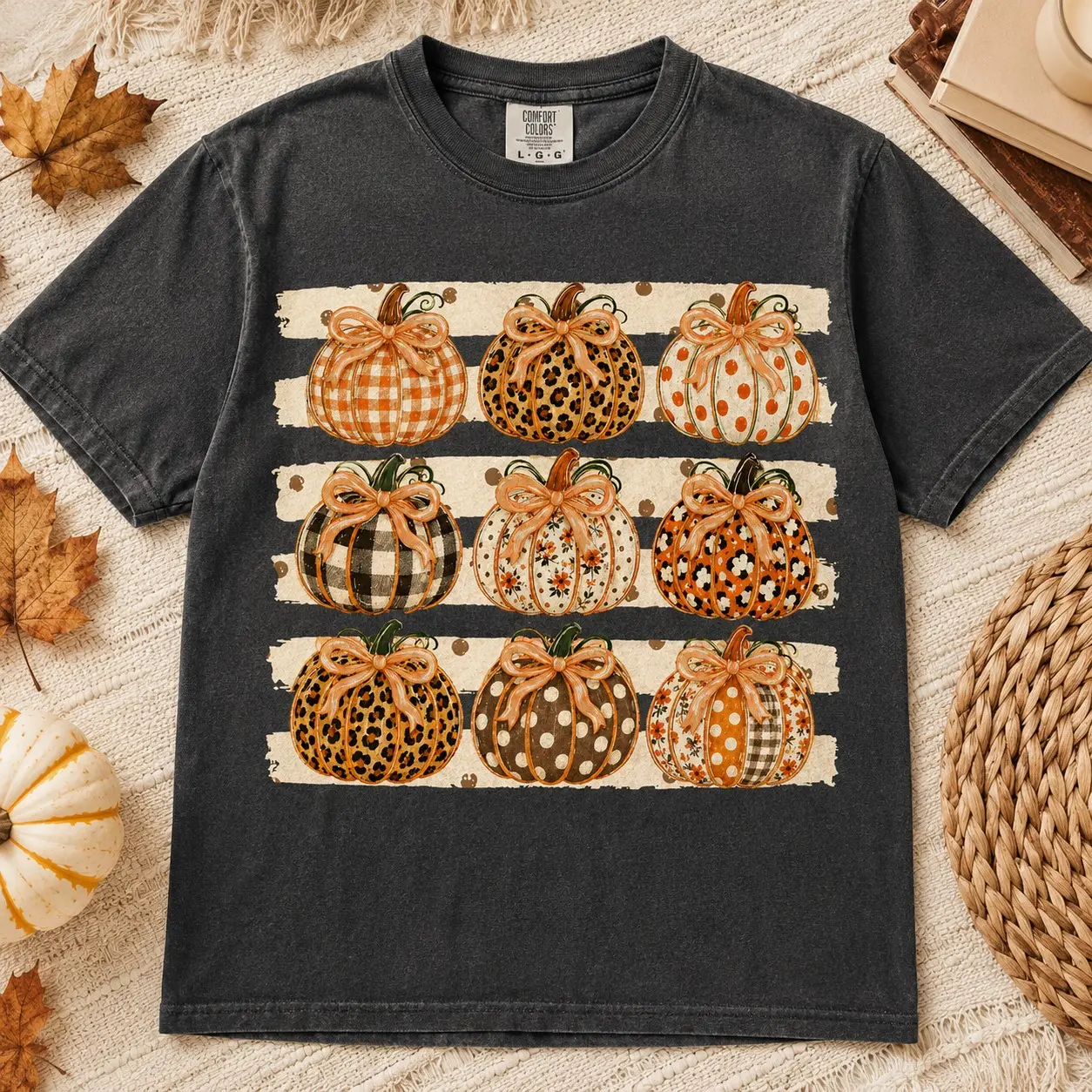 Comfort Colors Nine Leopard Plaid Bow Pumpkins Grid Women Short Sleeve Thanksgiving Day - photo 2