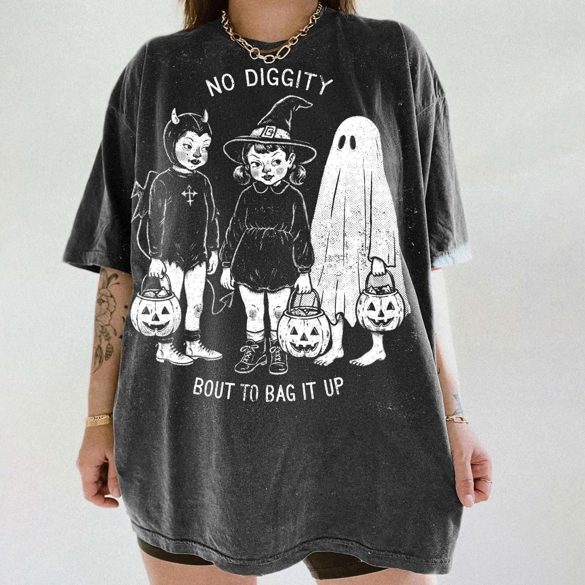 Comfort Colors No Diggity Halloween Shirt, Vintage Trick or Treat Kids Tee, Retro Spooky Ghost Witch Graphic T-Shirt