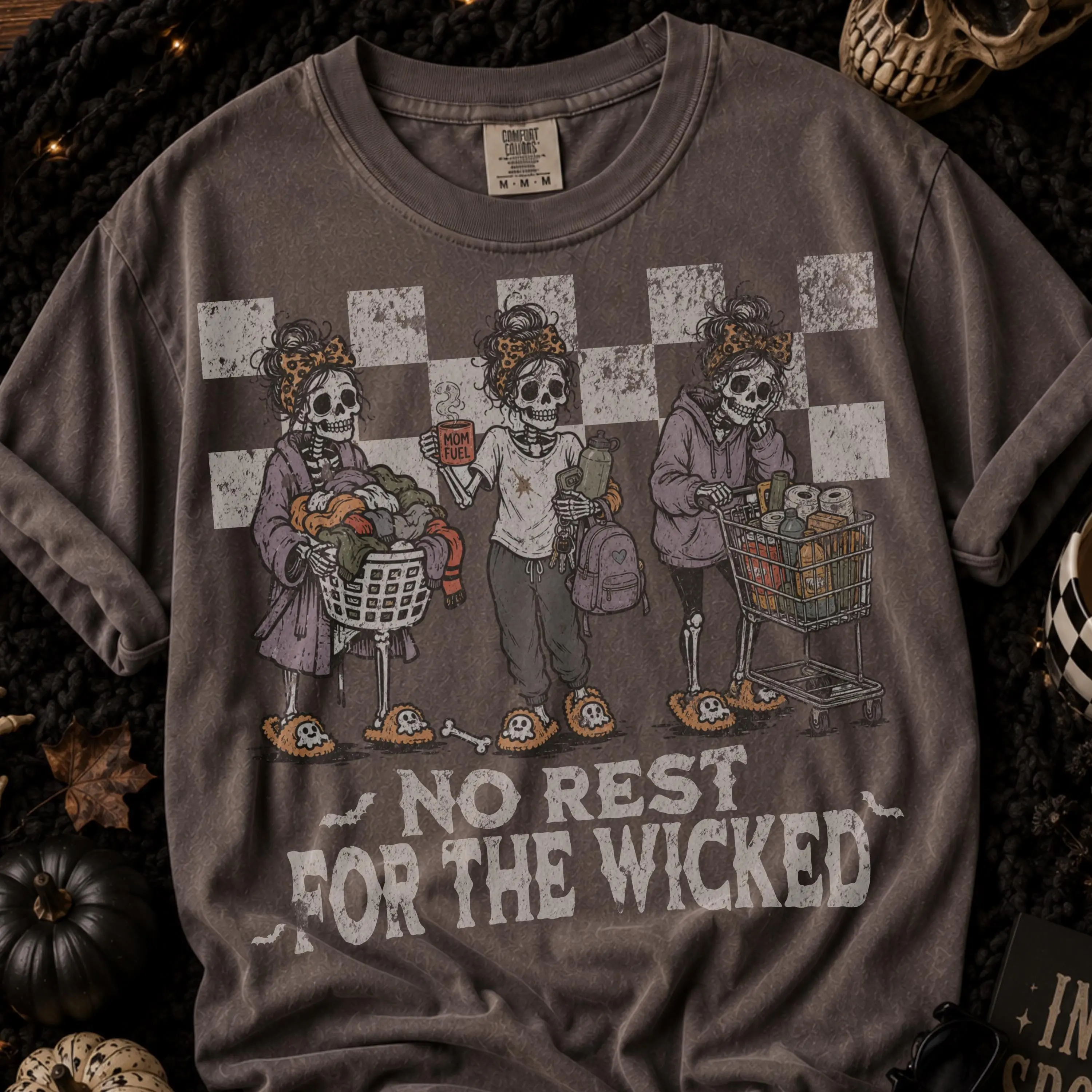 Comfort Colors No Rest For The Wicked T-Shirt, Sarcastic Halloween Mom Shirt, Funny Skeleton Mom Retro Spooky Season Tee - photo 2