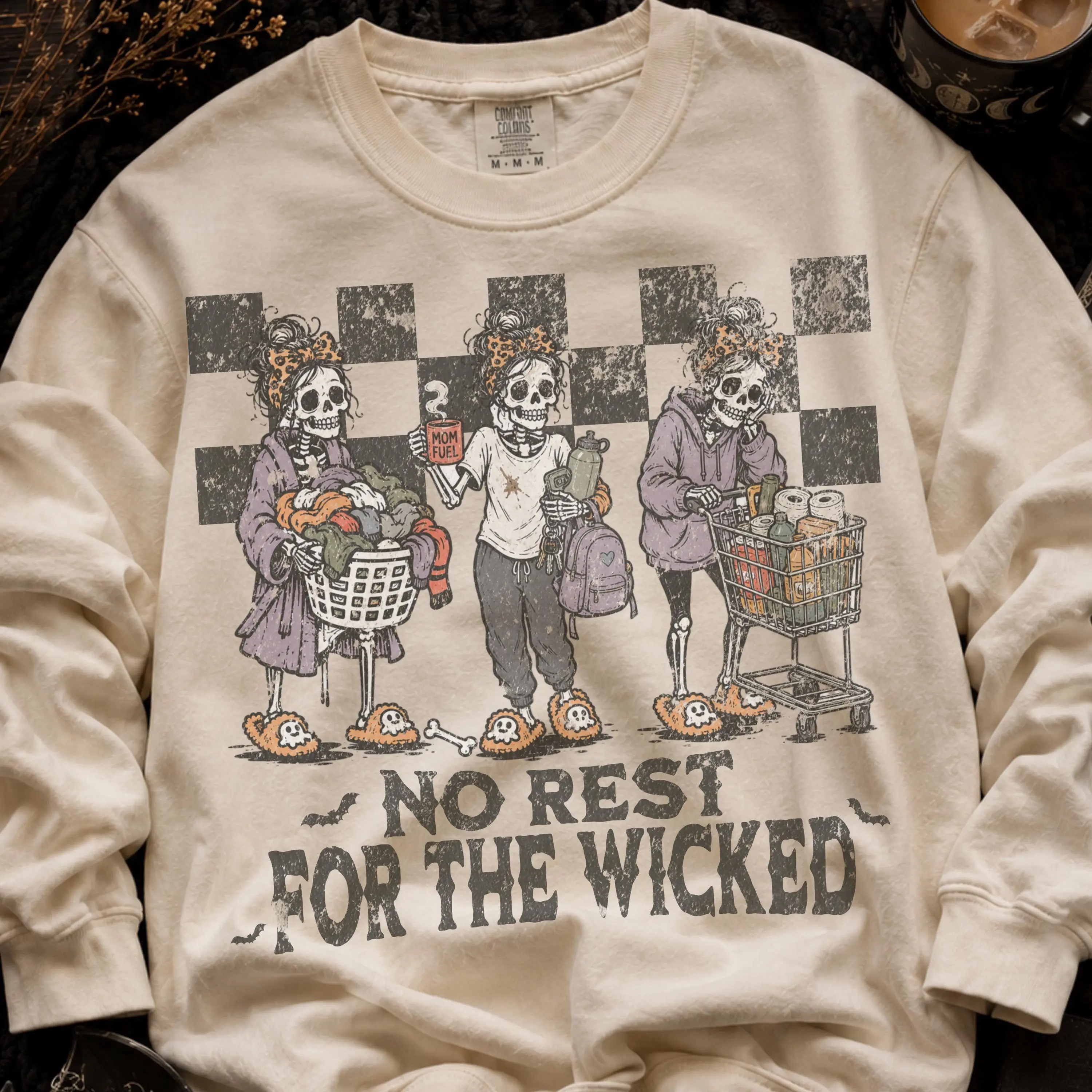 Comfort Colors No Rest For The Wicked T-Shirt, Sarcastic Halloween Mom Shirt, Funny Skeleton Mom Retro Spooky Season Tee - photo 4