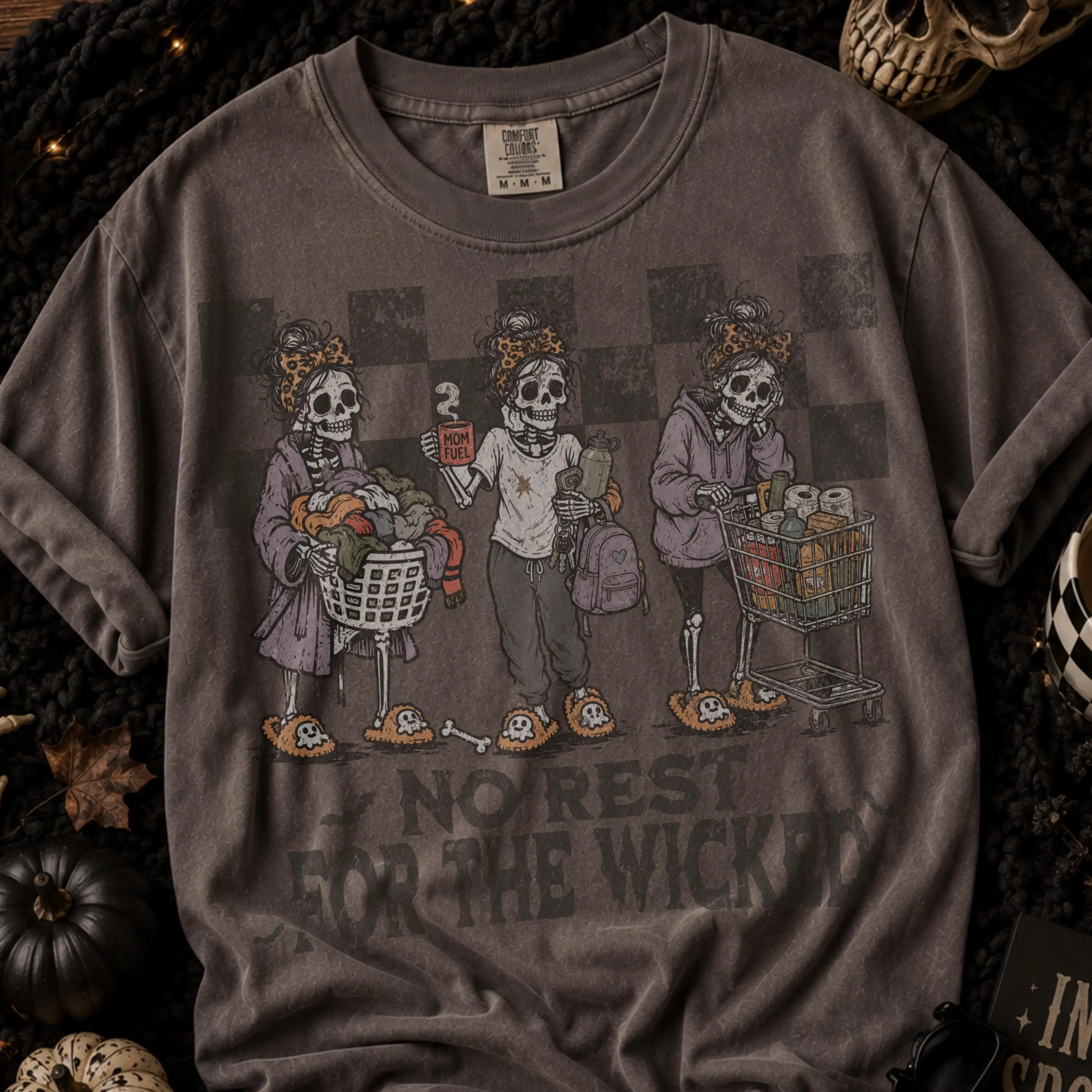 Comfort Colors No Rest For The Wicked T-Shirt, Sarcastic Halloween Mom Shirt, Funny Skeleton Mom Retro Spooky Season Tee - photo 5