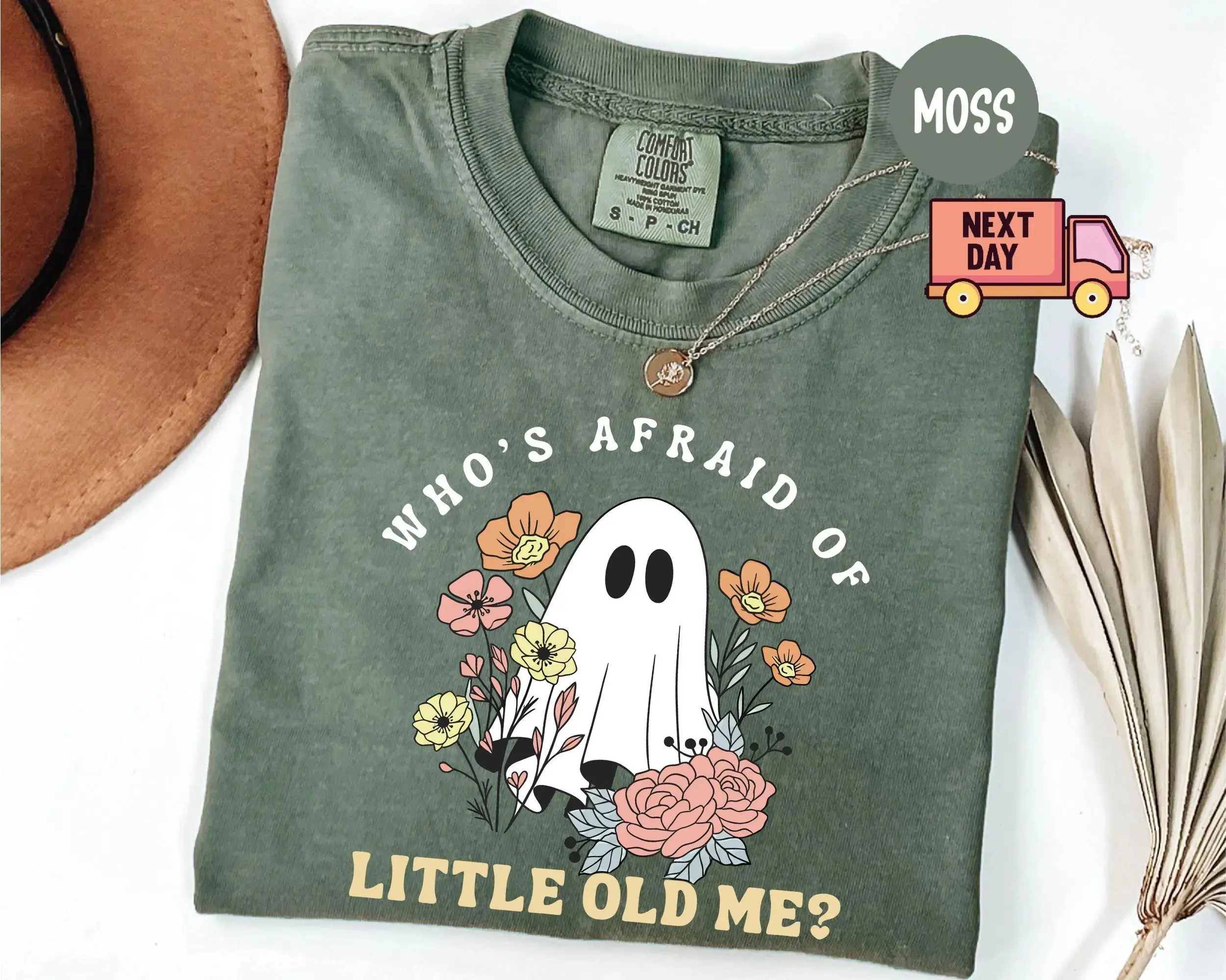 Comfort Colors Of Little Old Me Halloween Shirt, Cute Ghost Womens Fall Graphic Tee - photo 3