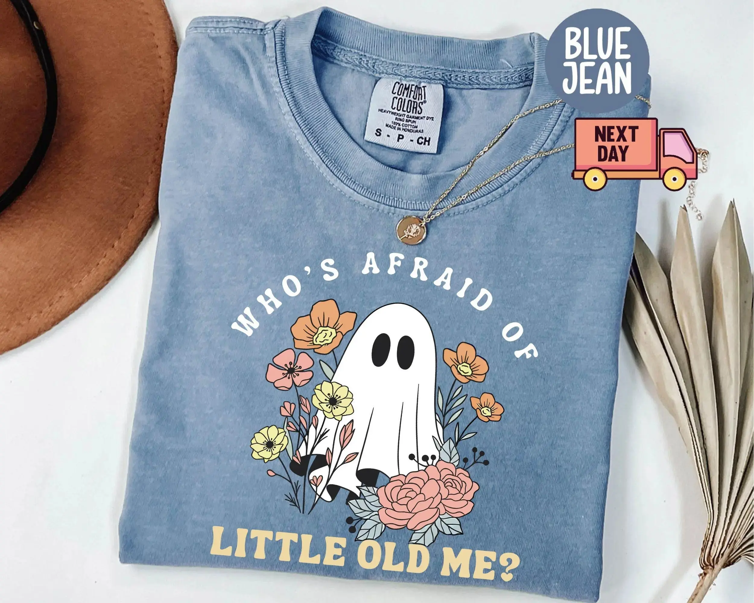 Comfort Colors Of Little Old Me Halloween Shirt, Cute Ghost Womens Fall Graphic Tee - photo 4
