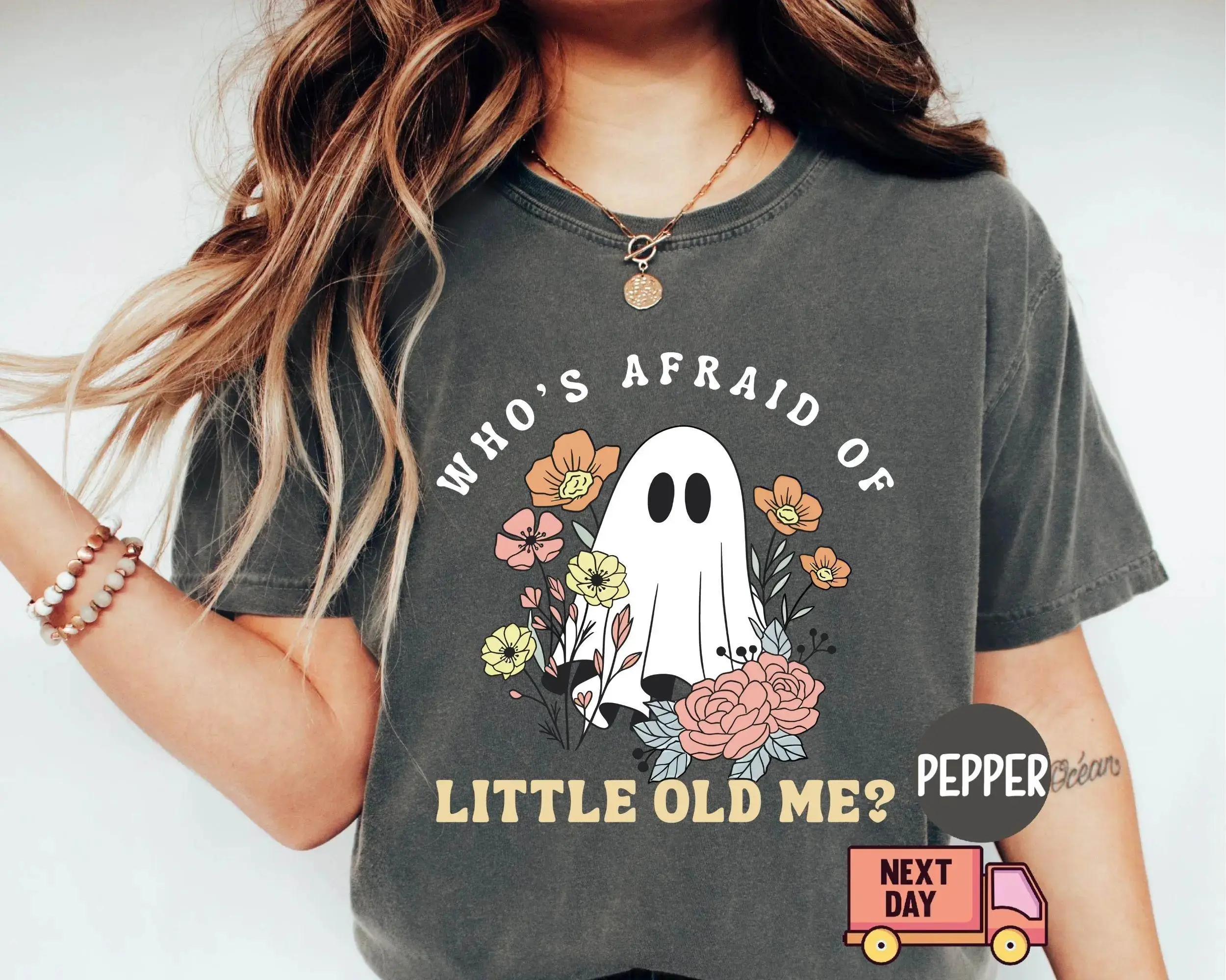 Comfort Colors Of Little Old Me Halloween Shirt, Cute Ghost Womens Fall Graphic Tee - photo 5