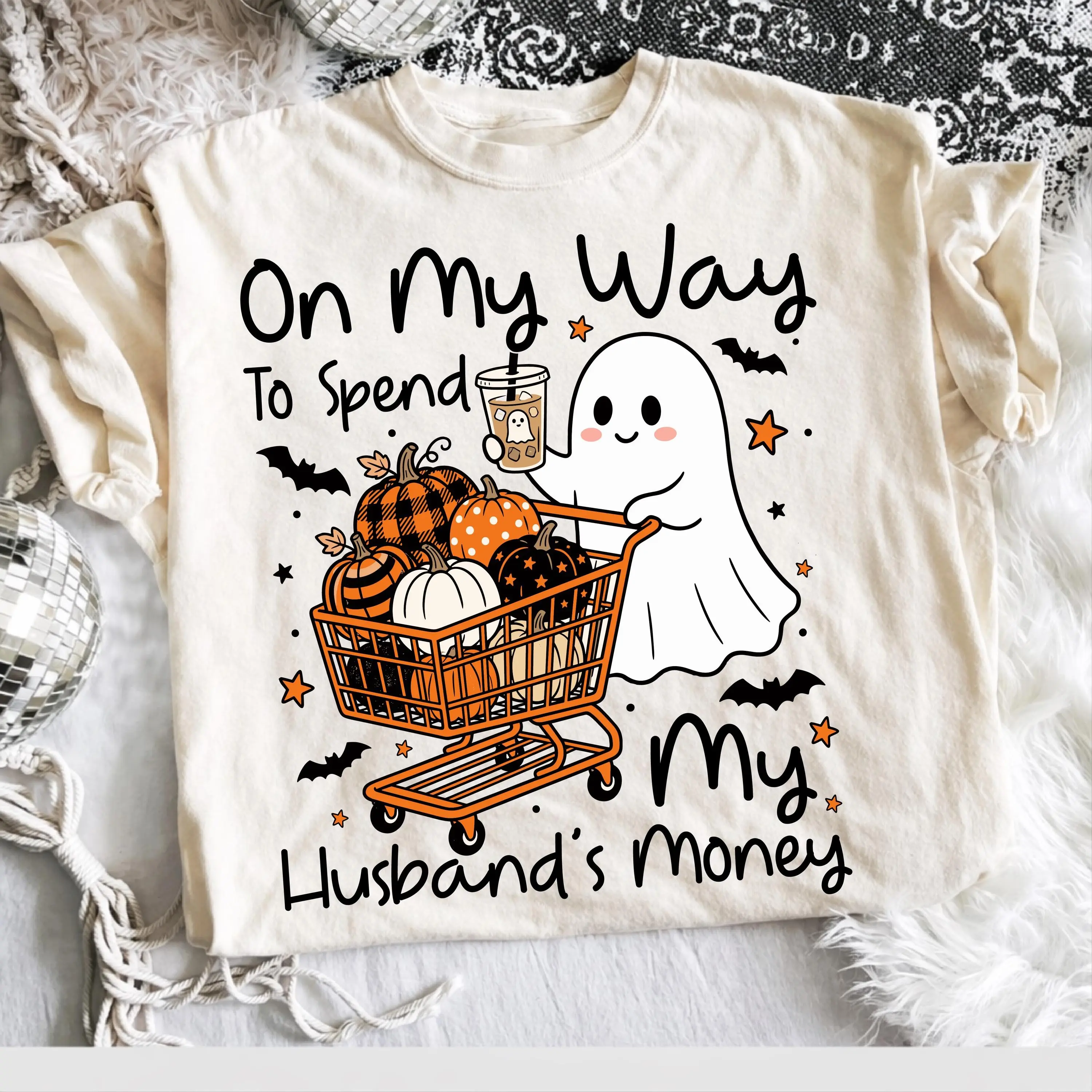 Comfort Colors On My Way to Spend My Husband's Money Tshirt, Funny Halloween Ghost Shopping Pumpkin Gift