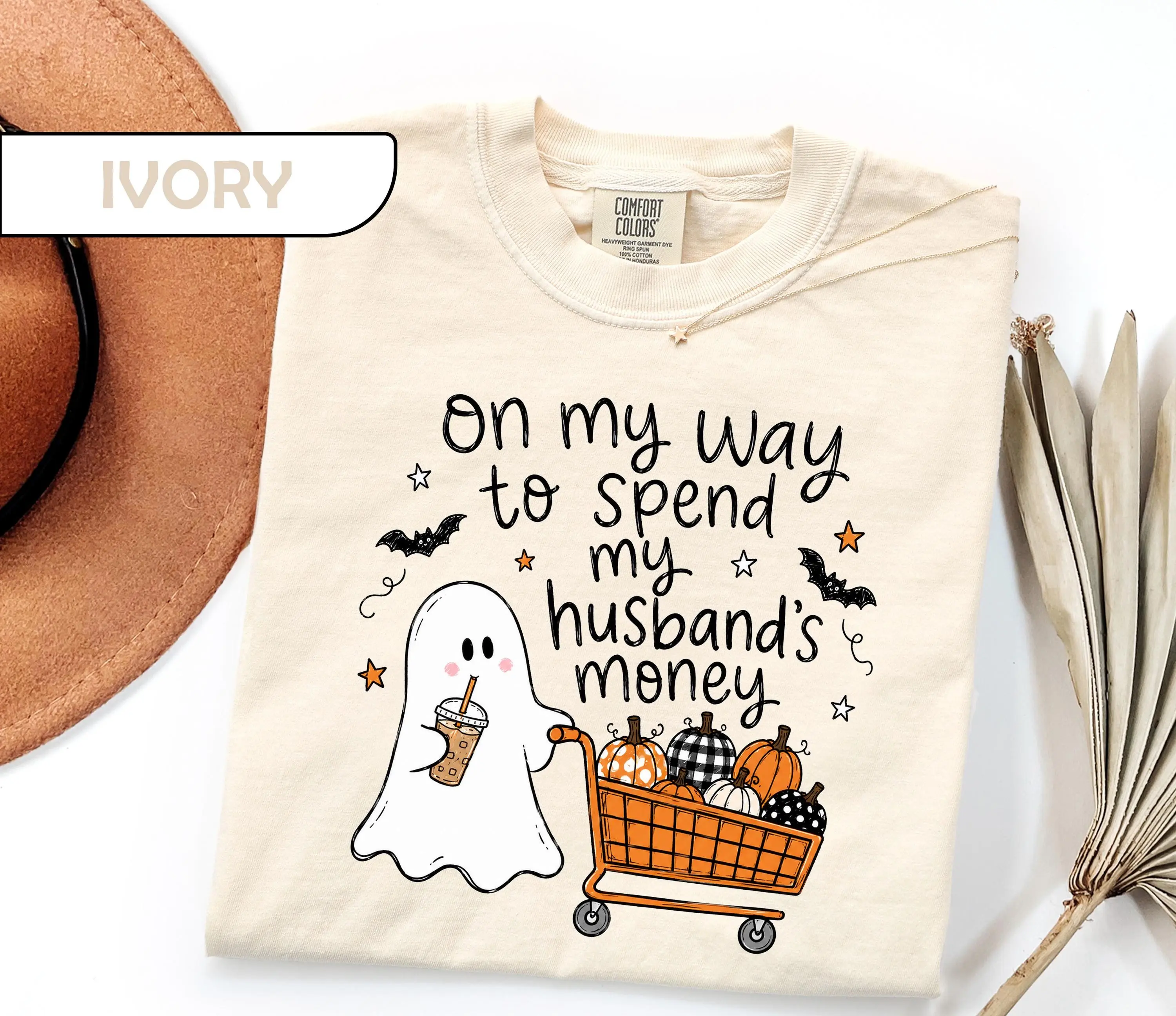 Comfort Colors On My Way To Spend My Husbands Money Tshirt, Retro Ghost Funny Spooky Season Fall Shopping Tee
