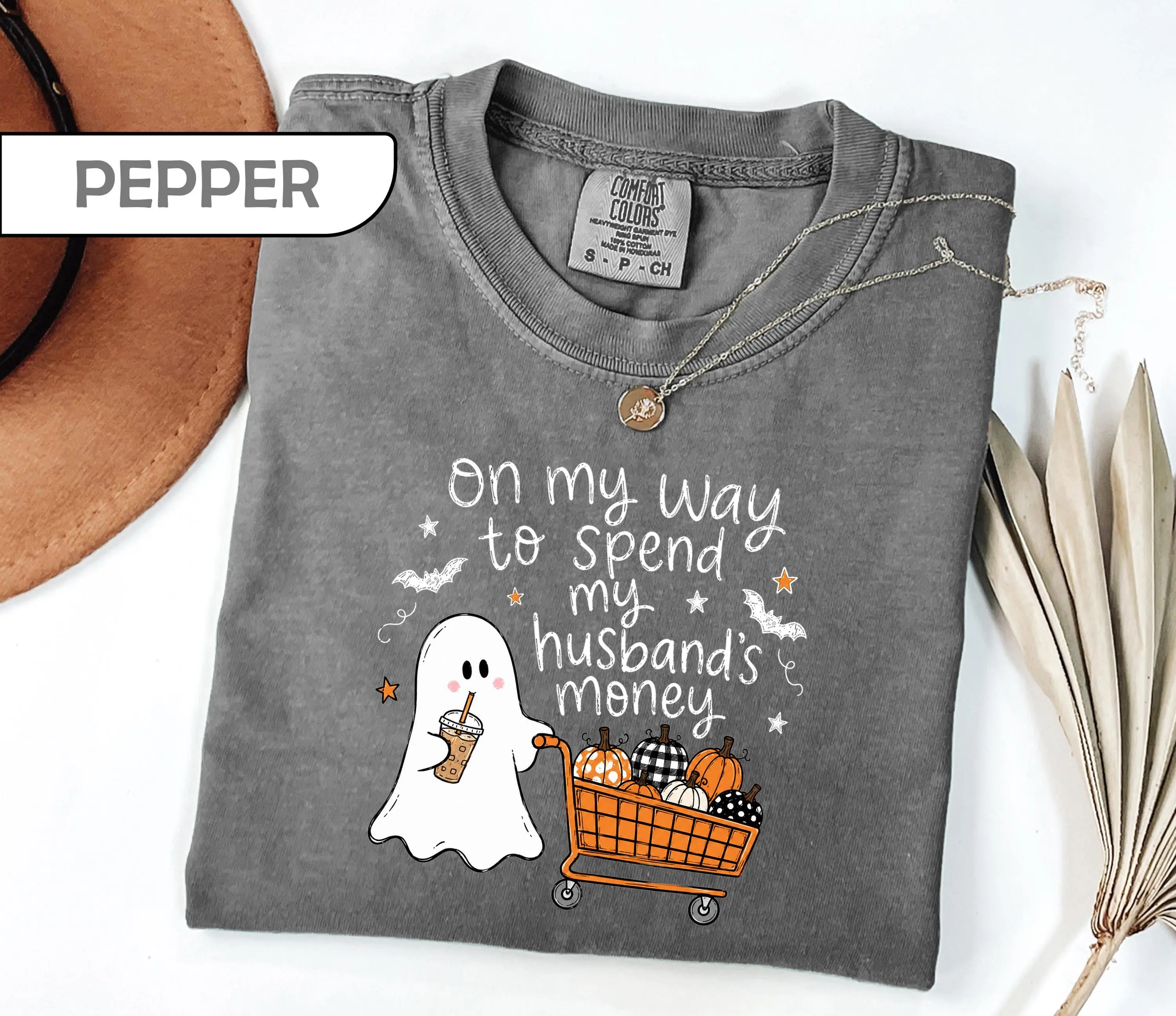 Comfort Colors On My Way To Spend My Husbands Money Tshirt, Retro Ghost Funny Spooky Season Fall Shopping Tee - photo 2