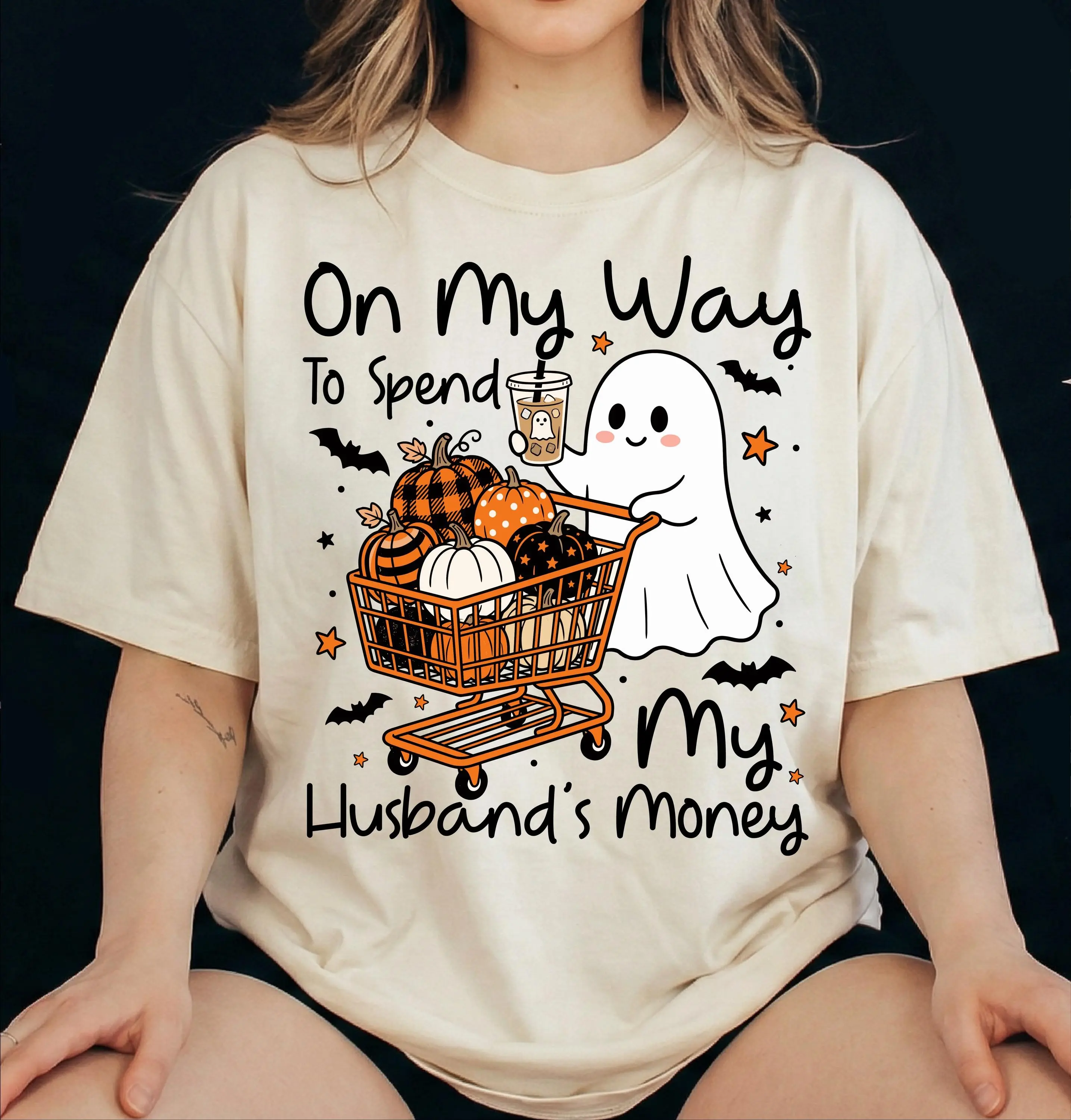 Comfort Colors On My Way to Spend My Husband's Money Tshirt, Funny Halloween Ghost Shopping Pumpkin Gift - photo 2