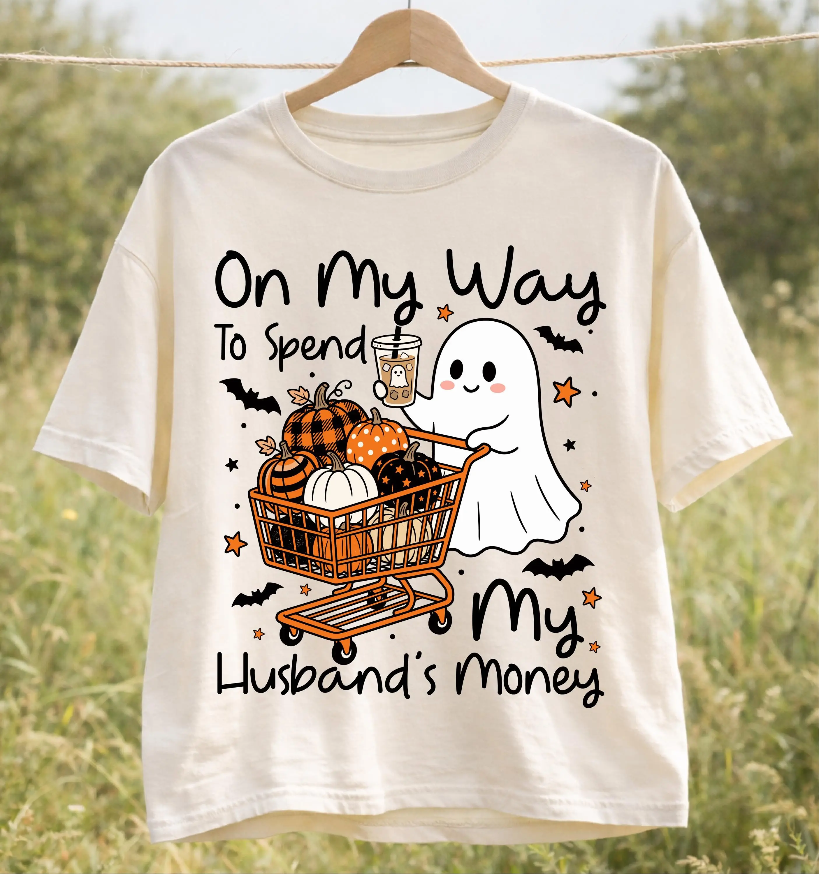 Comfort Colors On My Way to Spend My Husband's Money Tshirt, Funny Halloween Ghost Shopping Pumpkin Gift - photo 3