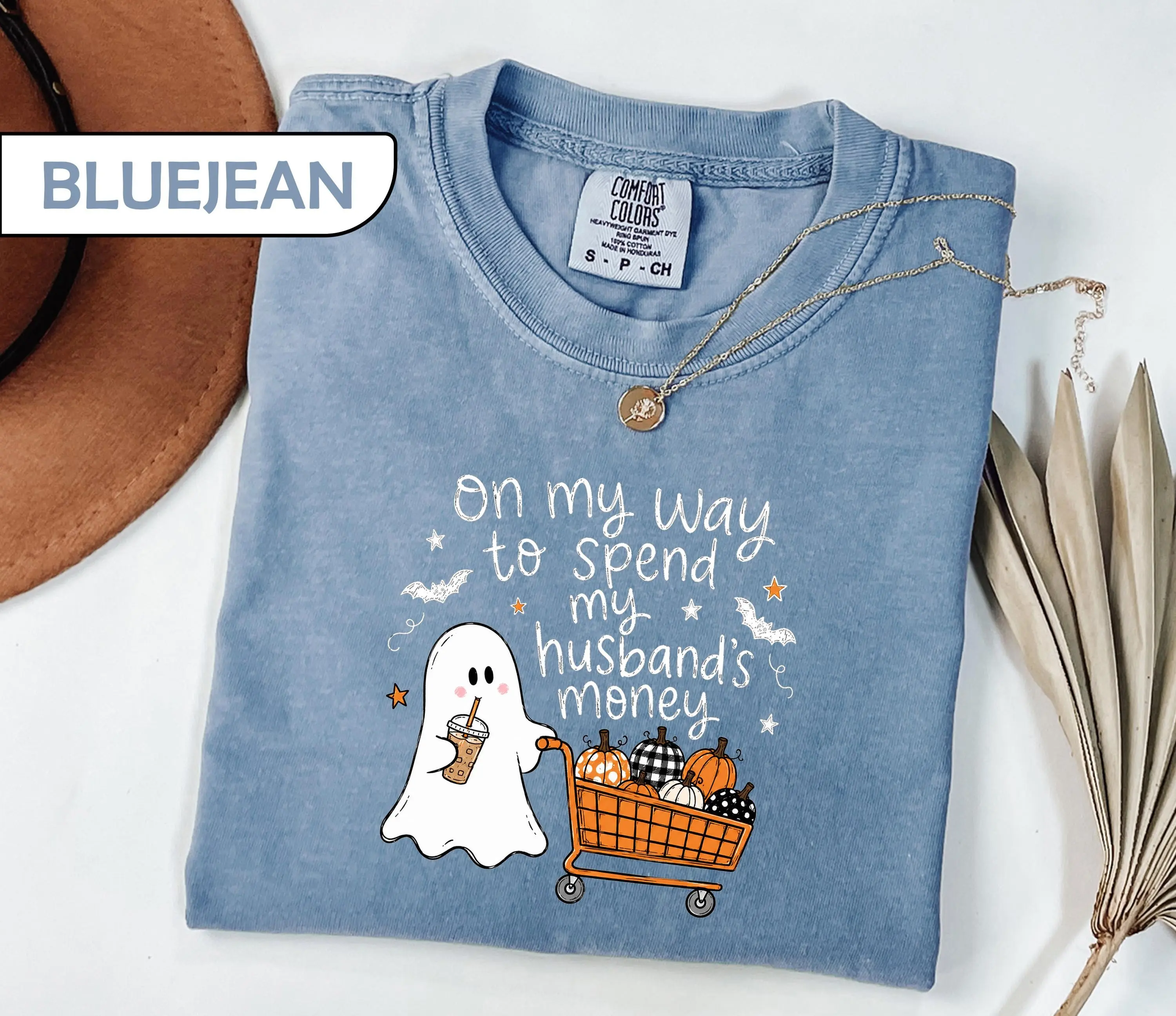 Comfort Colors On My Way To Spend My Husbands Money Tshirt, Retro Ghost Funny Spooky Season Fall Shopping Tee - photo 3