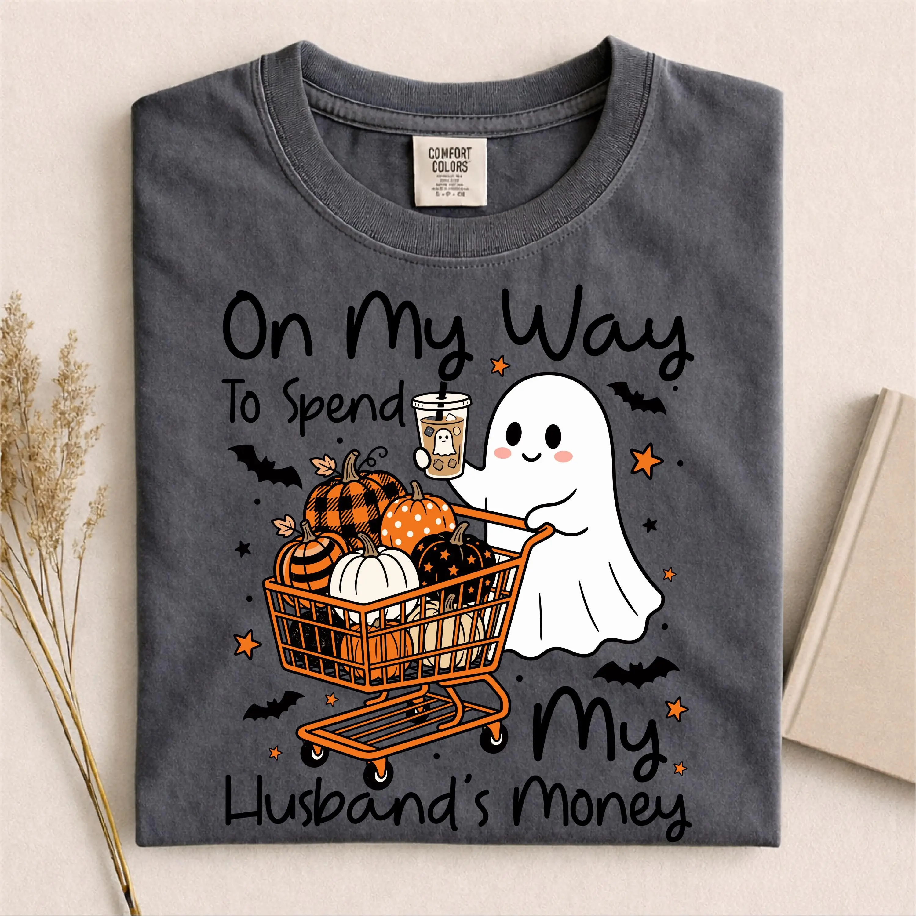 Comfort Colors On My Way to Spend My Husband's Money Tshirt, Funny Halloween Ghost Shopping Pumpkin Gift - photo 4