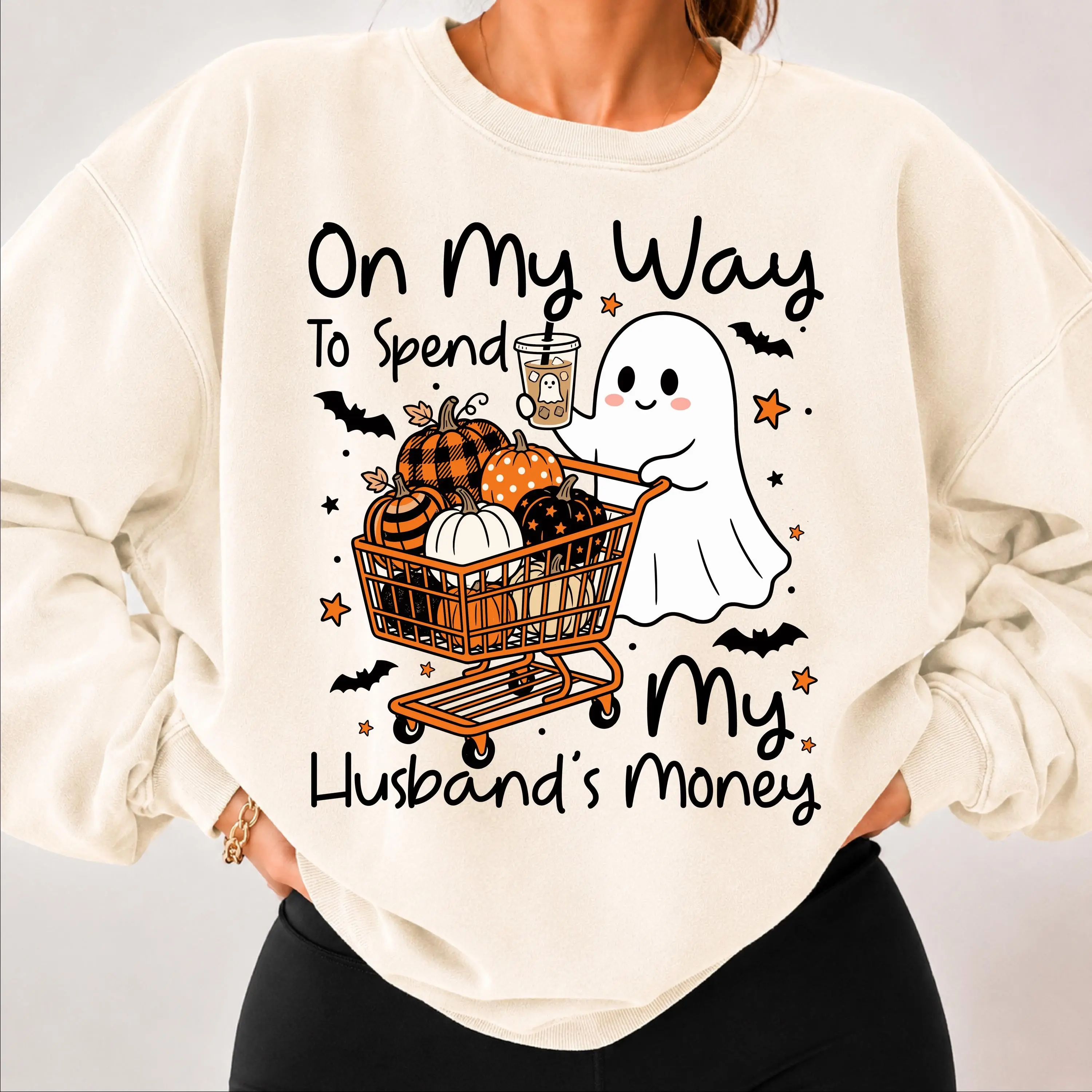 Comfort Colors On My Way to Spend My Husband's Money Tshirt, Funny Halloween Ghost Shopping Pumpkin Gift - photo 5