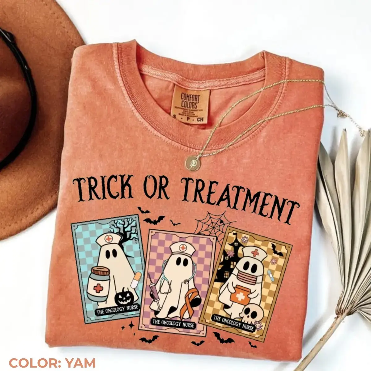 Comfort Colors Oncology Nurse Halloween Shirt, Preppy Ghost Cute Spooky Medical Graphic Tee - photo 2