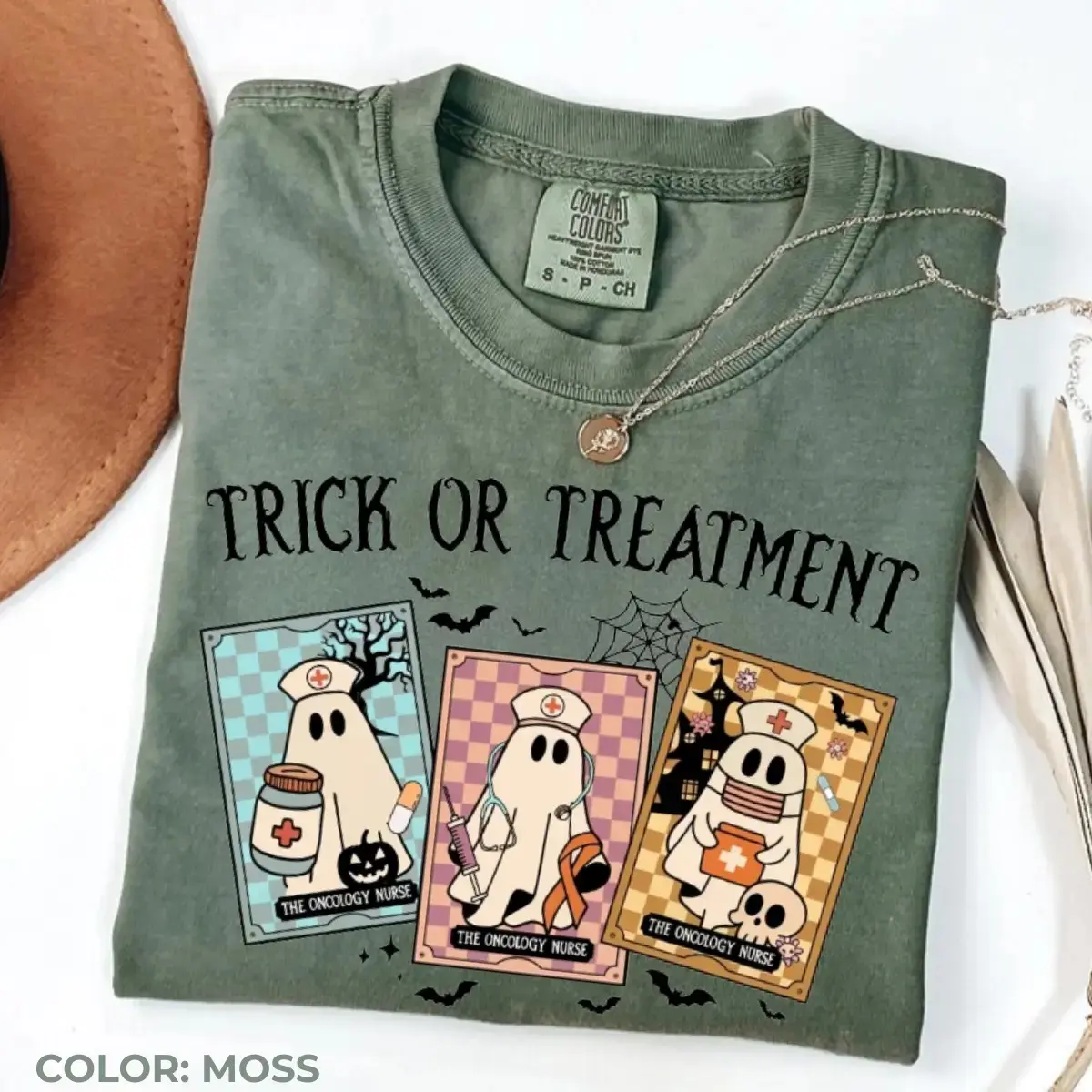 Comfort Colors Oncology Nurse Halloween Shirt, Preppy Ghost Cute Spooky Medical Graphic Tee - photo 3