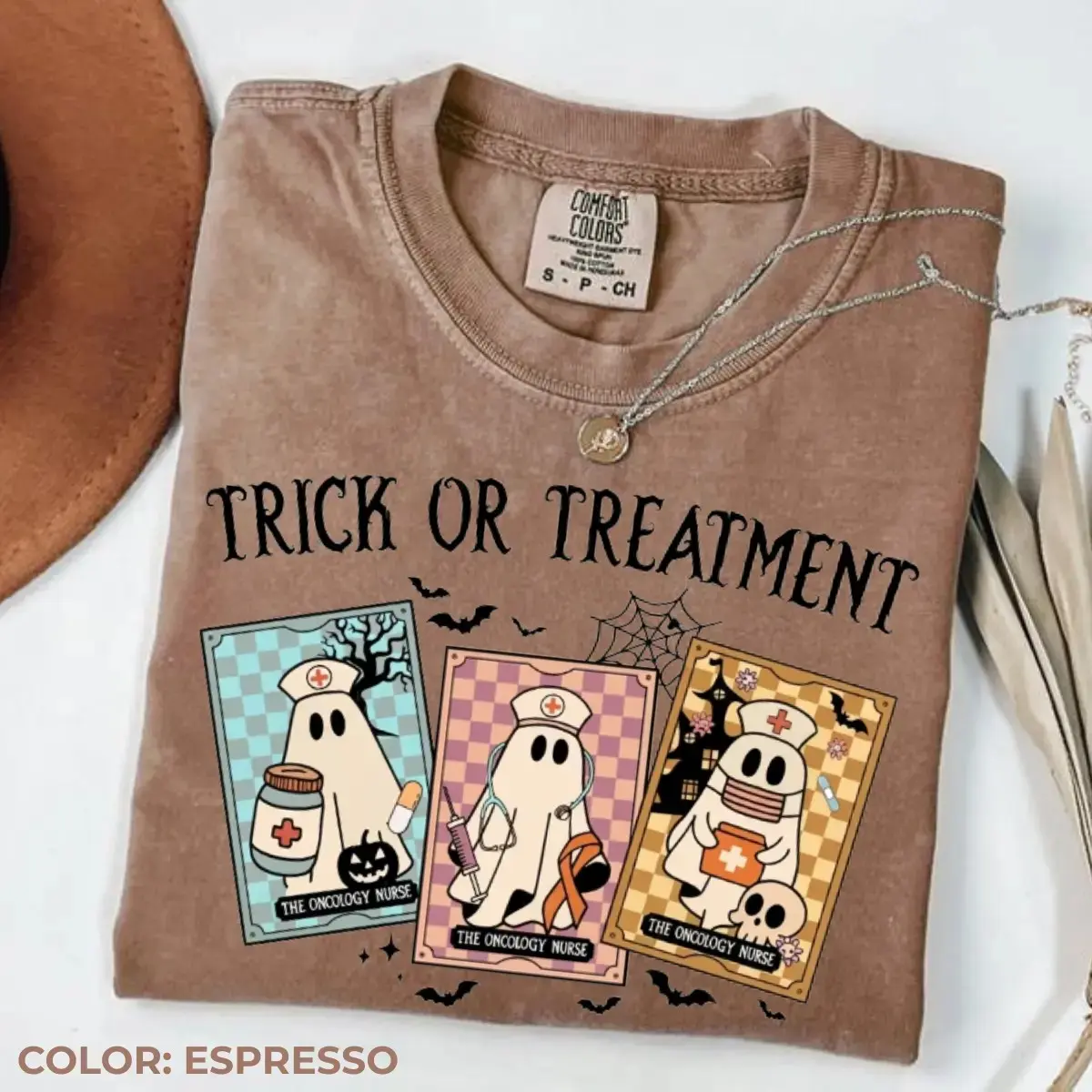 Comfort Colors Oncology Nurse Halloween Shirt, Preppy Ghost Cute Spooky Medical Graphic Tee - photo 4