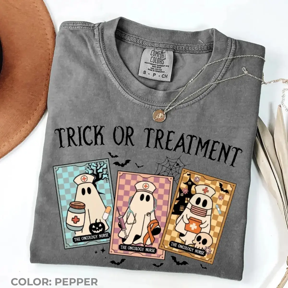 Comfort Colors Oncology Nurse Halloween Shirt, Preppy Ghost Cute Spooky Medical Graphic Tee - photo 5