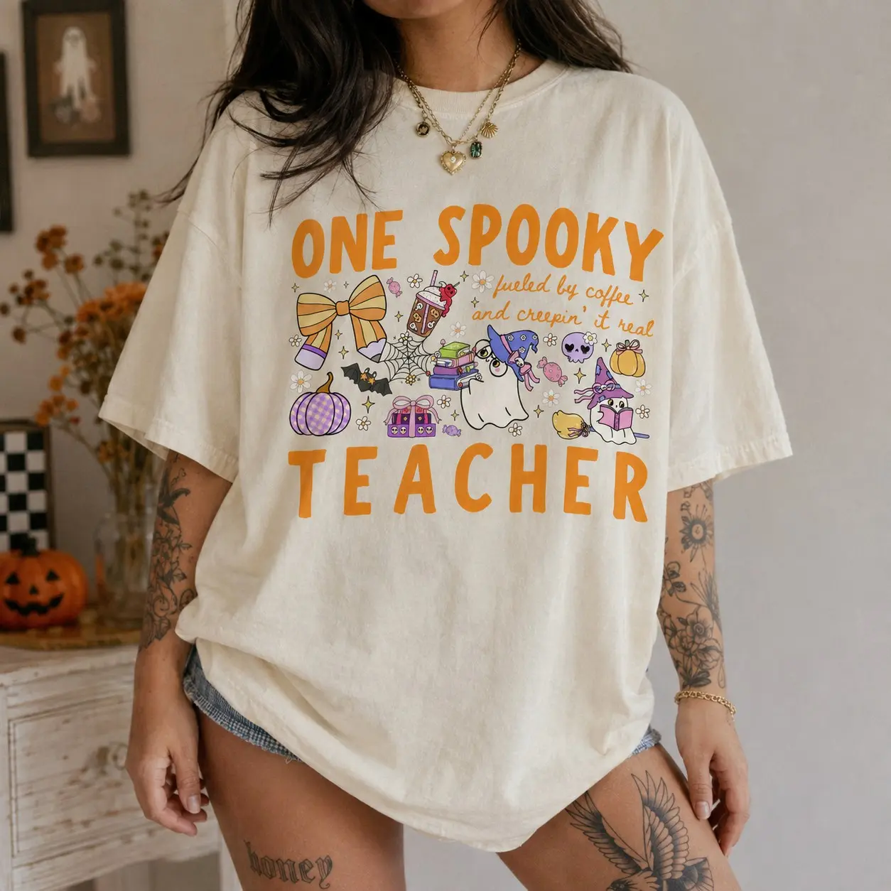 Comfort Colors 'One Spooky Teacher' Shirt : Cute Cartoon Ghosts and Bat Halloween Teacher Tee