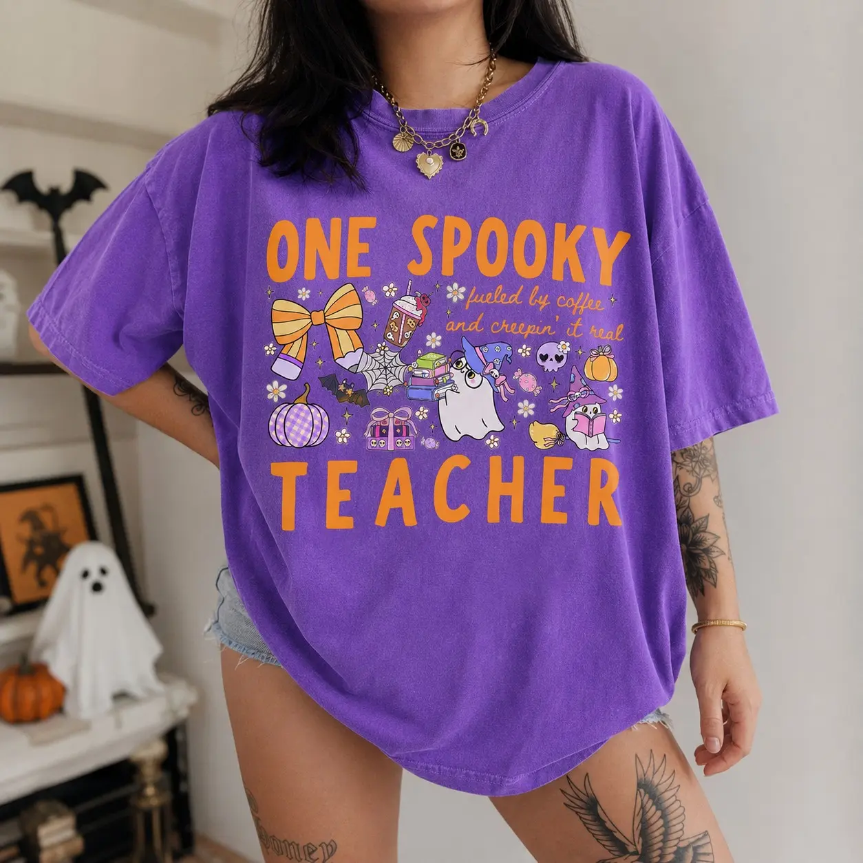 Comfort Colors 'One Spooky Teacher' Shirt : Cute Cartoon Ghosts and Bat Halloween Teacher Tee - photo 2