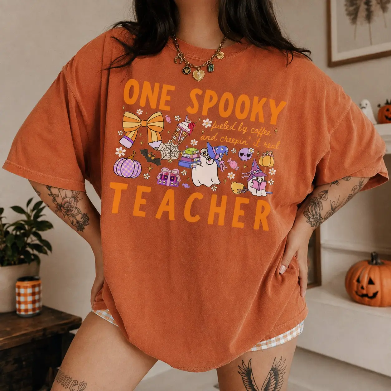 Comfort Colors 'One Spooky Teacher' Shirt : Cute Cartoon Ghosts and Bat Halloween Teacher Tee - photo 3