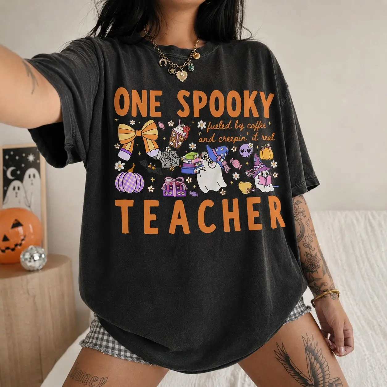 Comfort Colors 'One Spooky Teacher' Shirt : Cute Cartoon Ghosts and Bat Halloween Teacher Tee - photo 4