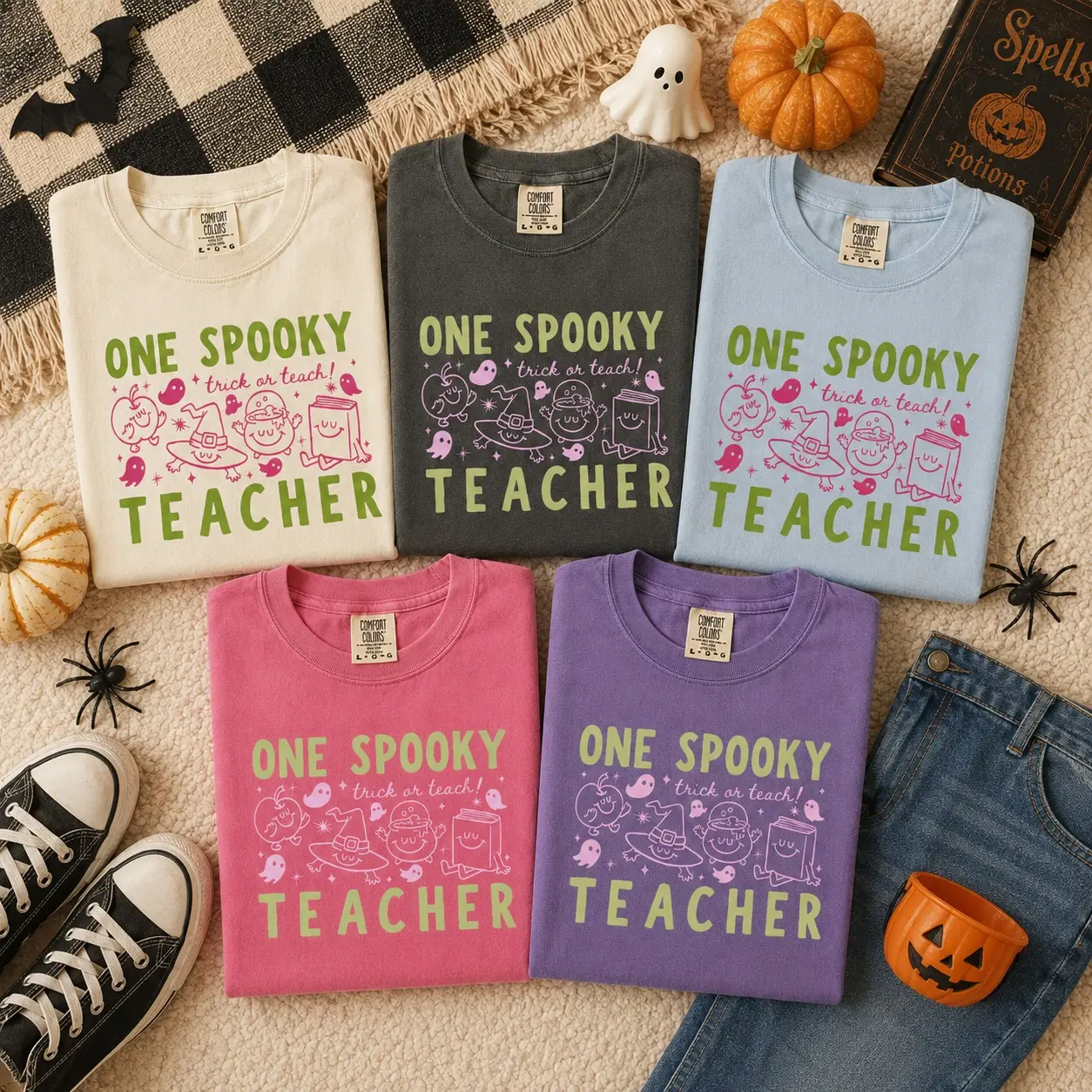 Comfort Colors One Spooky Teacher T-Shirt, Cute Trick Or Teach Halloween Graphic Tee, Back To School Gift