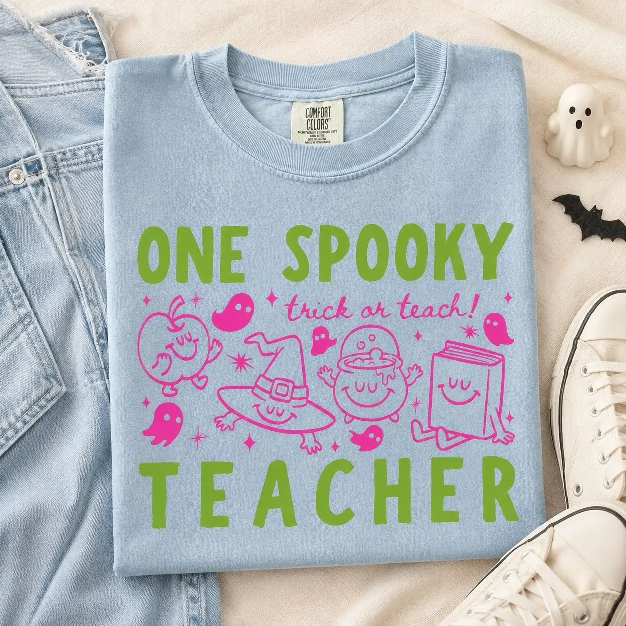 Comfort Colors One Spooky Teacher T-Shirt, Cute Trick Or Teach Halloween Graphic Tee, Back To School Gift - photo 2